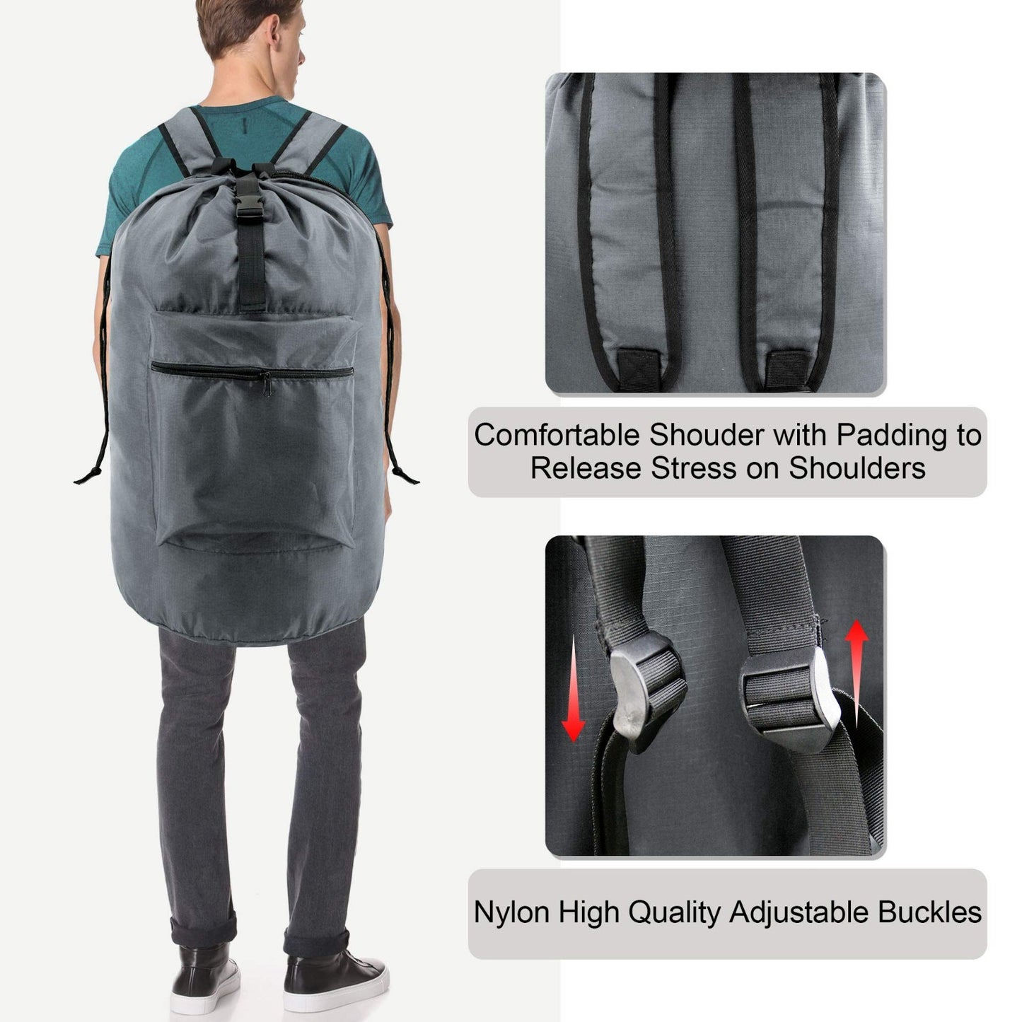 Lightweight Gray Laundry Backpack with Adjustable Straps & Drawstring - Travel H3