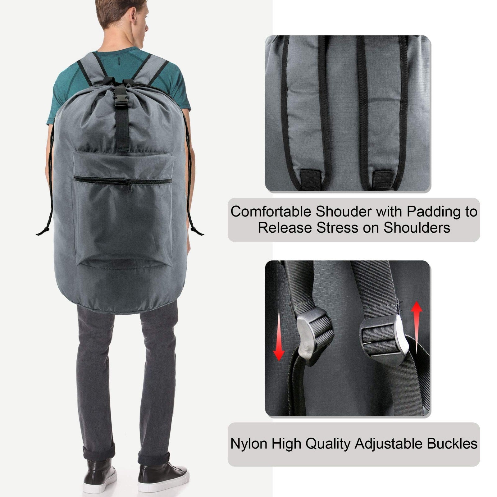 Lightweight Gray Laundry Backpack with Adjustable Straps & Drawstring - Travel H3
