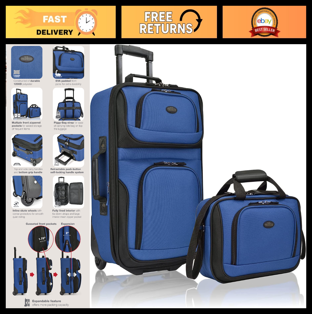 Lightweight Softside Rolling Carry-on Suitcase, 2-Wheel Travel Luggage, Royal Bl0