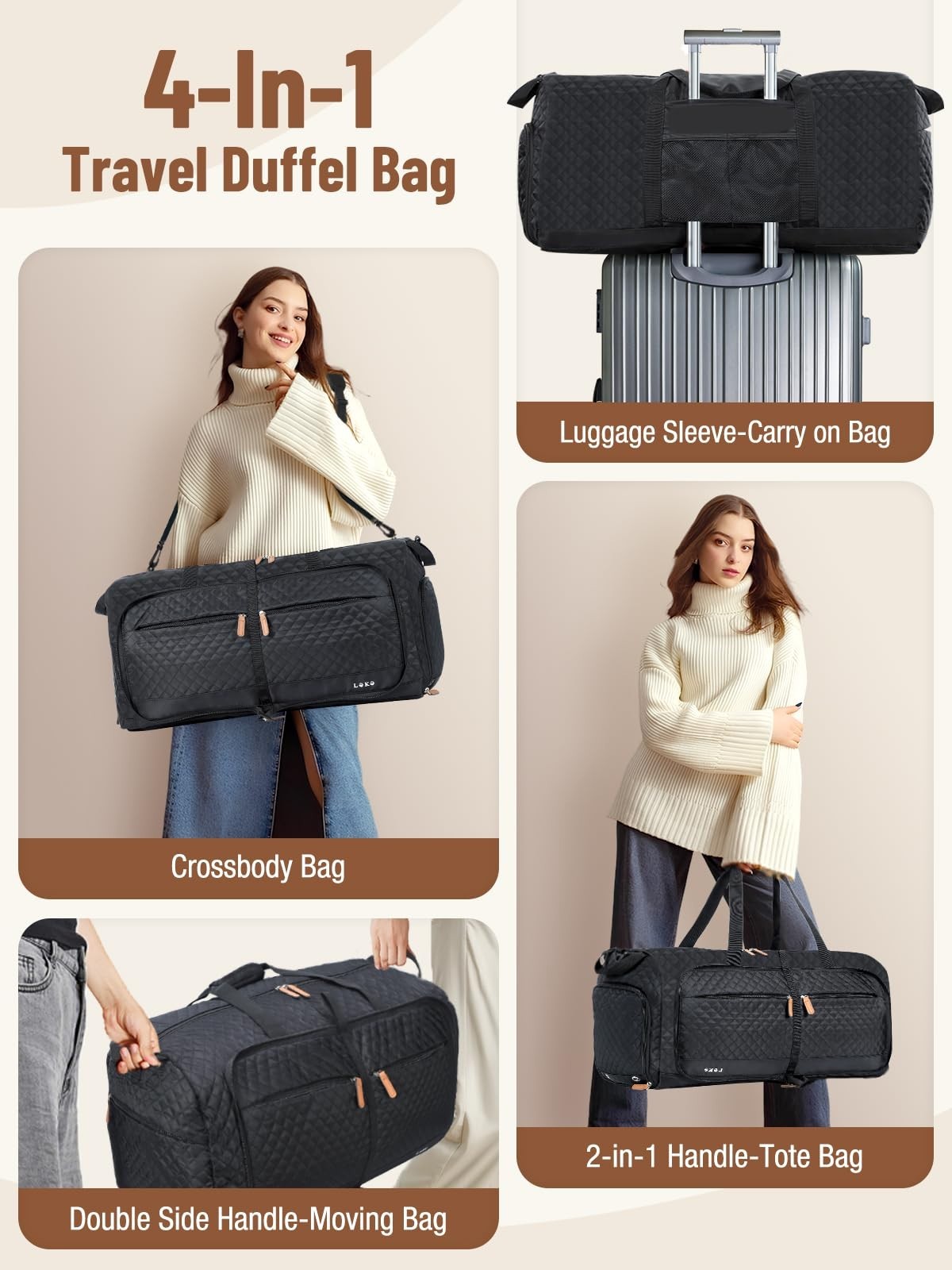 Large 80L Foldable Travel Duffel Bag with Shoe Compartment & Straps - Weekend Ca4