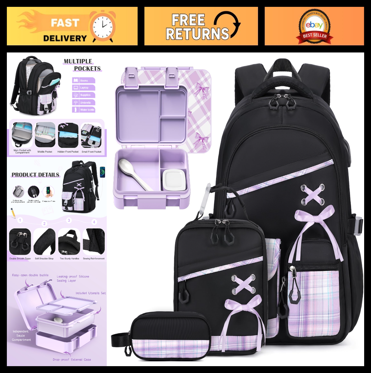 Girls' Backpacks Set   6PCS Plaid School Bag with Lunch Box & Pencil Pouch, Blac0