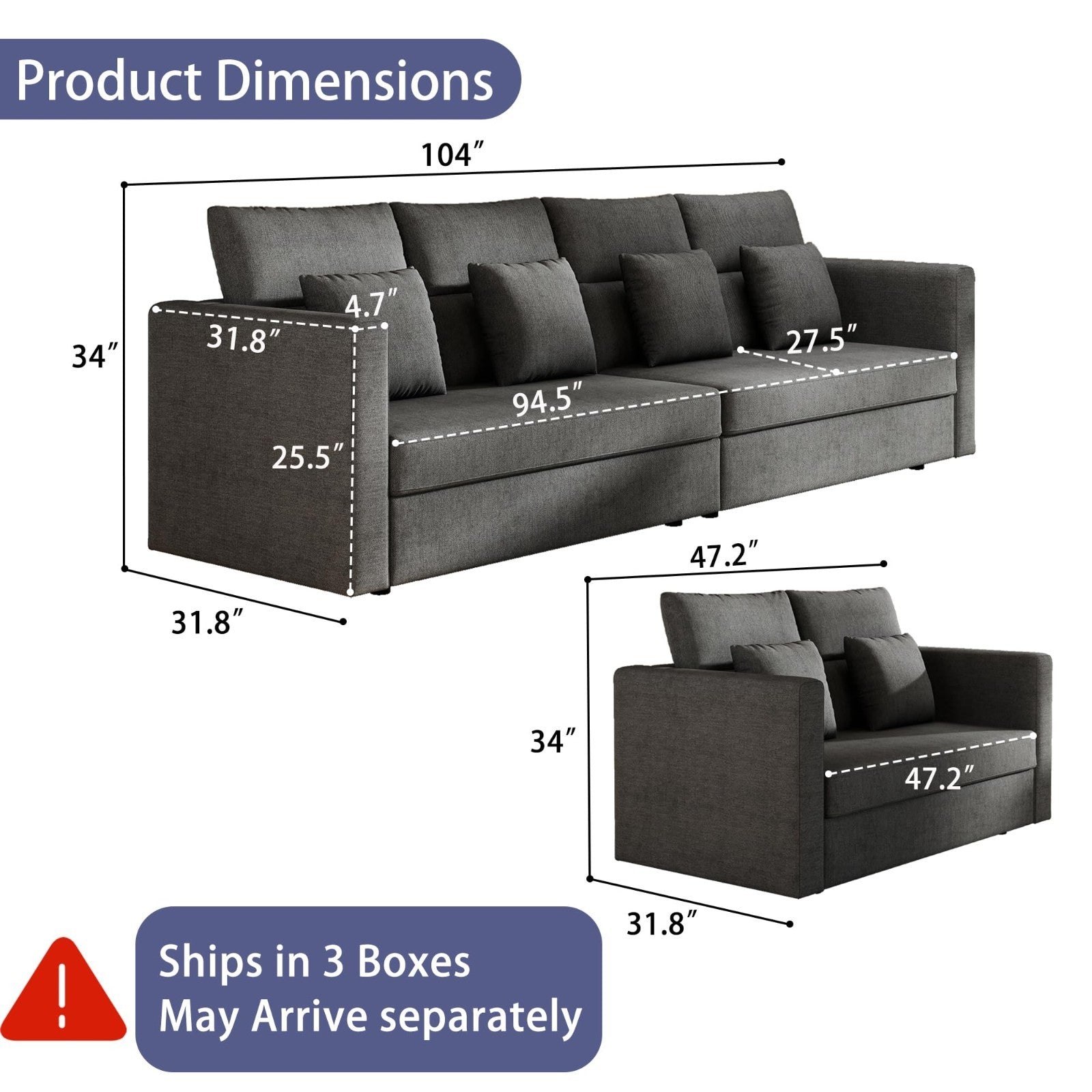 Modern Grey 2-Piece Sofa Set - Comfy 6-Seat Couch & Loveseat for Living Room2