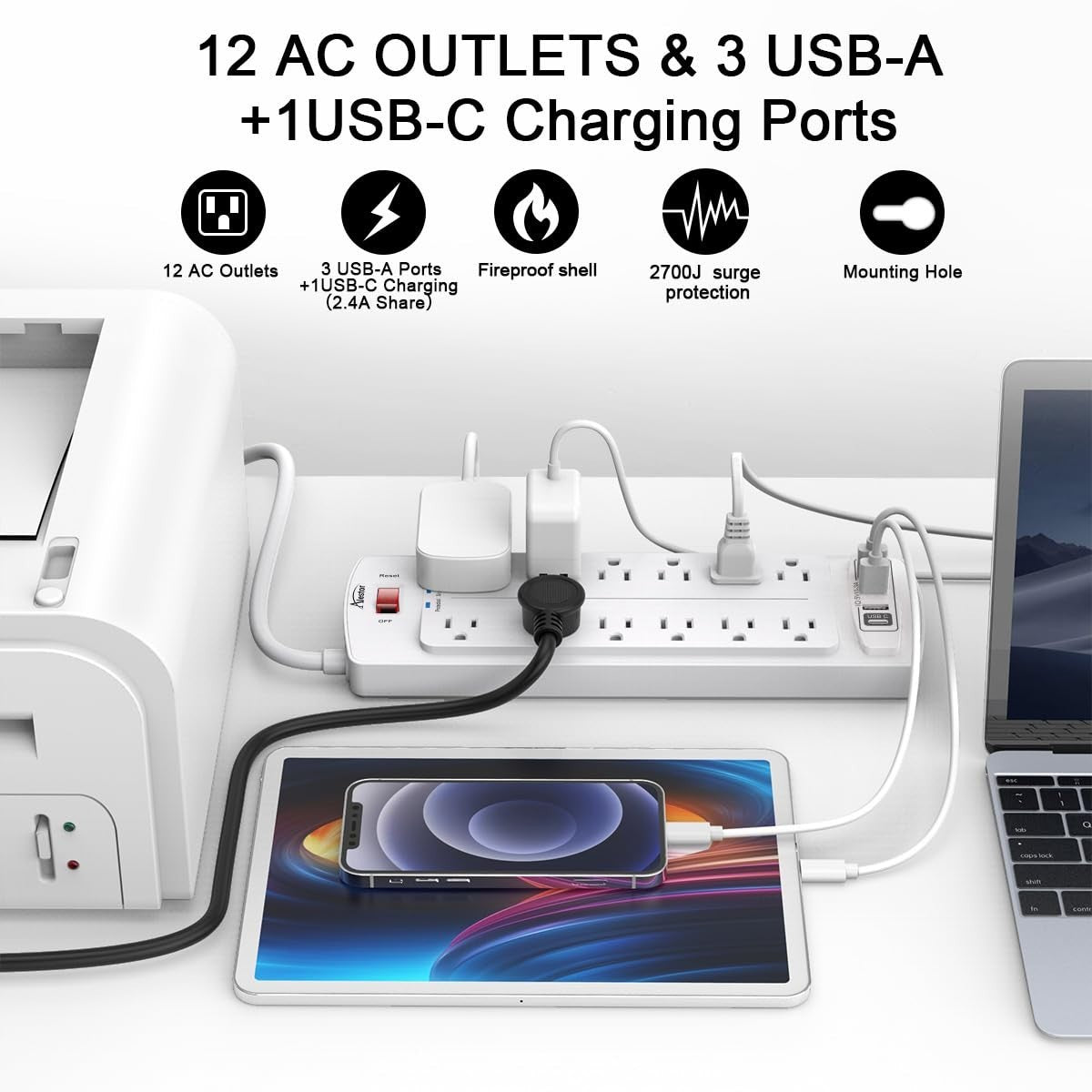 Surge Protector Power Strip with 12 Outlets & 4 USB Ports, 6ft Cord, 2700J, ETL2