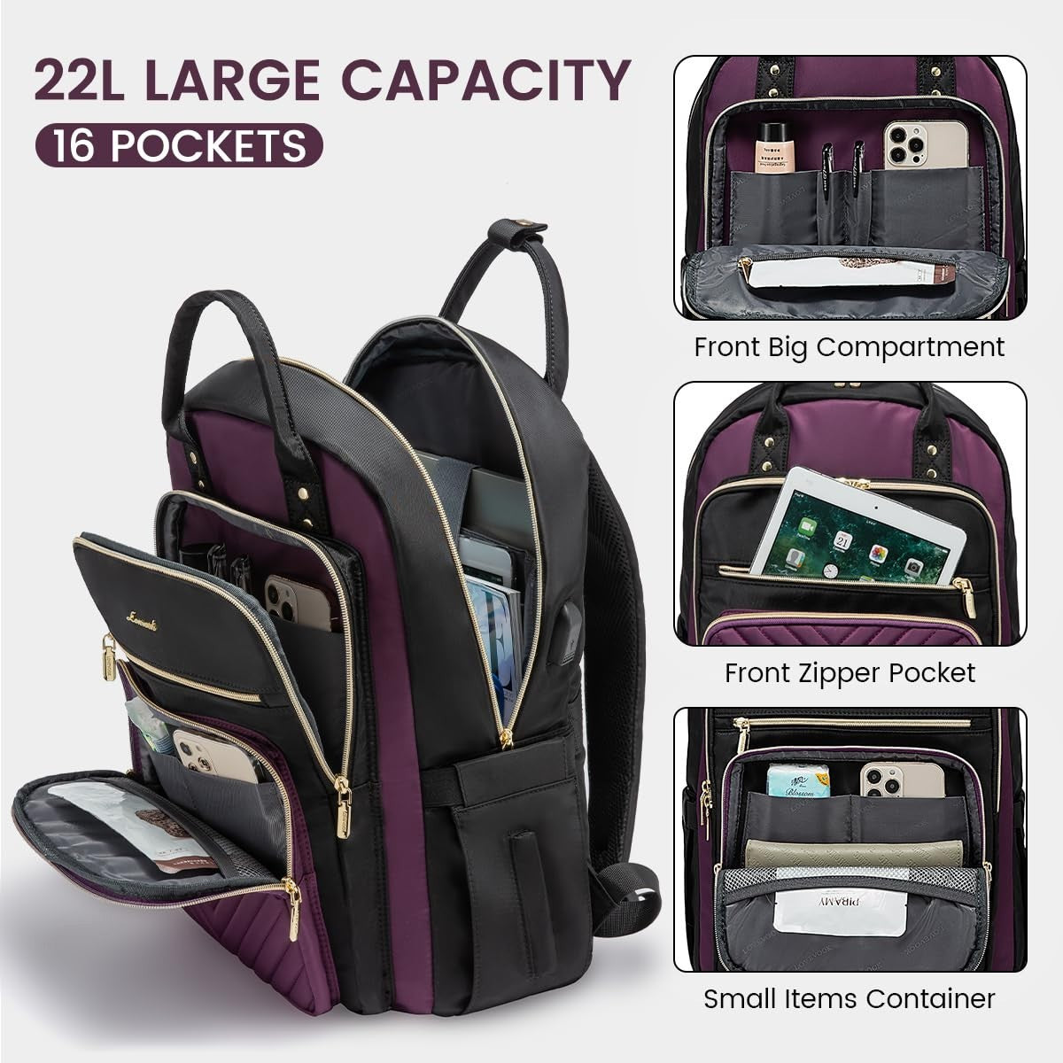 Stylish Water Resistant Laptop Backpack for Women   USB Charging, Fits 15.6" Lap3