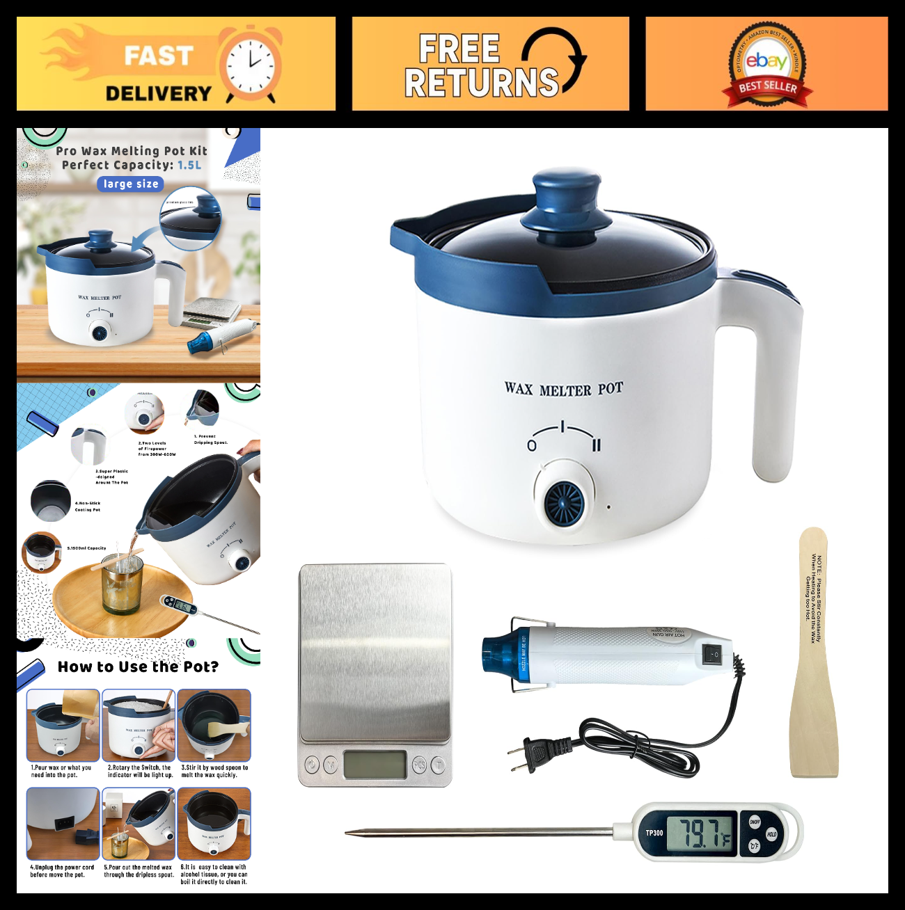 Electric Wax Melting Pot Kit for DIY Candle Making - Scale, Heat Gun & Thermomet0