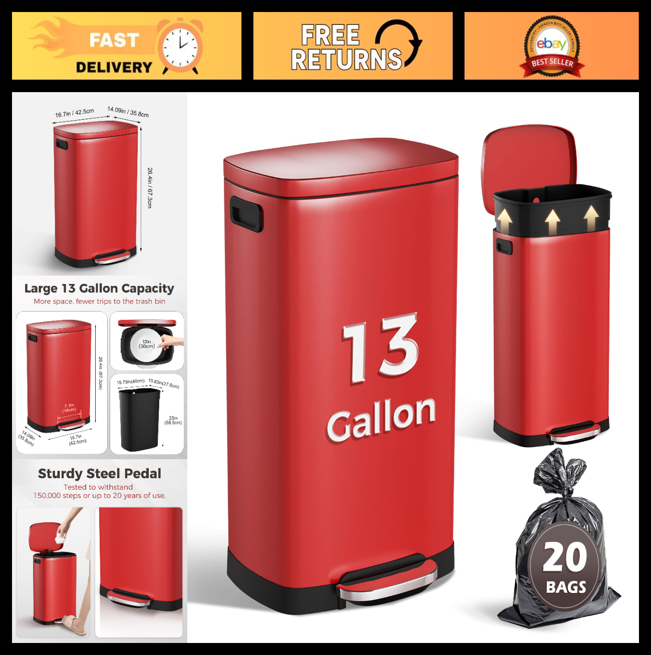 13 Gal Stainless Steel Kitchen Trash Can with Soft Close Lid & Removable Bucket0