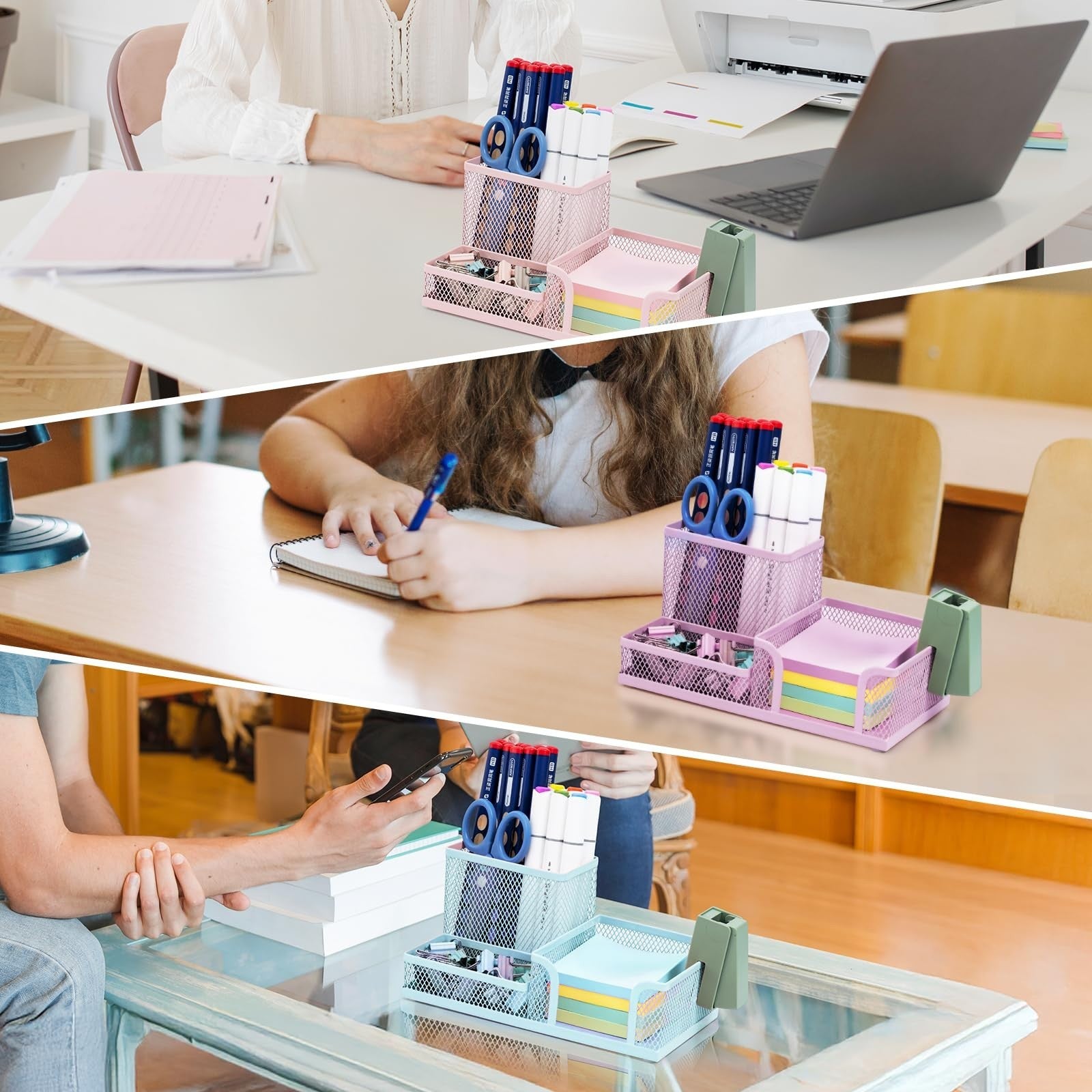 Pink Mesh Pen Holder   3 Compartment Desk Organizer with Sticky Notes Holder, Me5