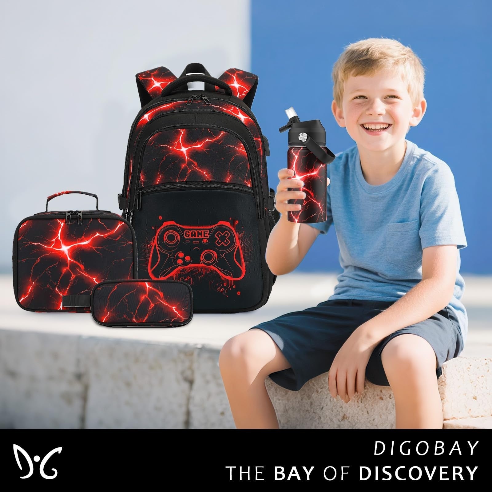 Cool Luminous Gamer Backpack Set for Boys   6PCS with Insulated Water Bottle, Lu2