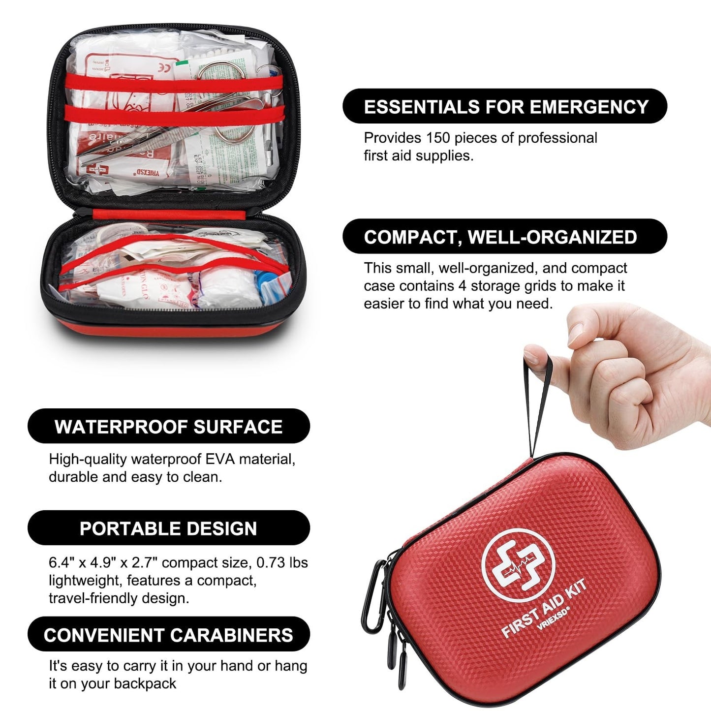 150 Piece Mini First Aid Kit   Waterproof Hard Shell for Home, Travel, Camping &3