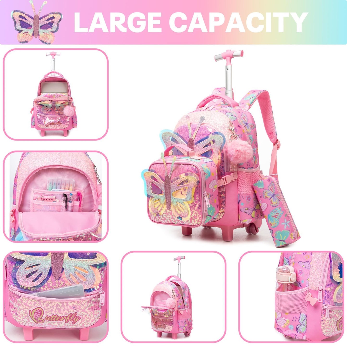 Rolling Backpack for Girls   3 in 1 Wheeled Luggage, Kids Suitcase & Lunch Box  4