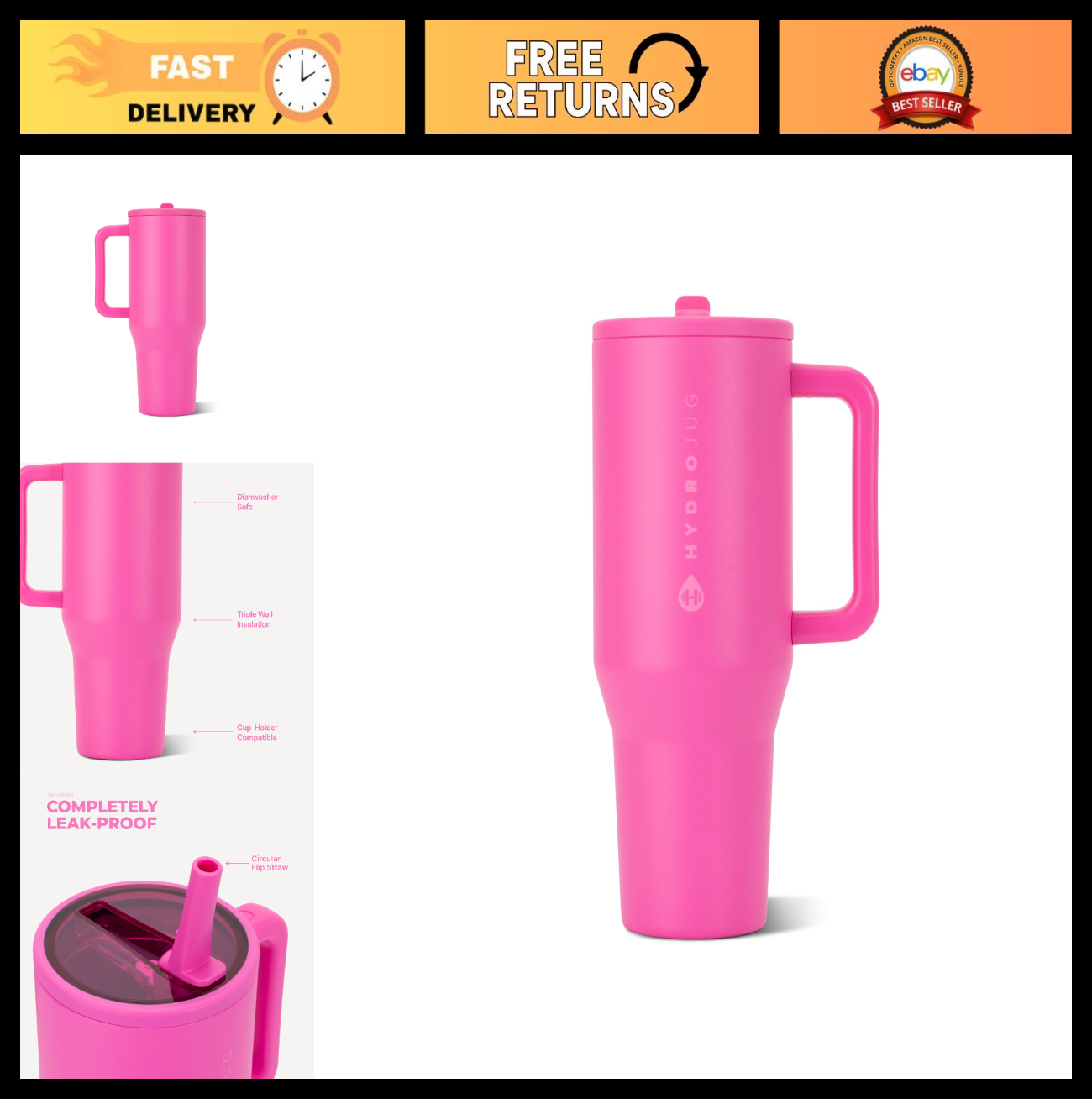 40oz Insulated Tumbler with Handle & Straw   Travel Mug, Razzle Color, BPA Free0