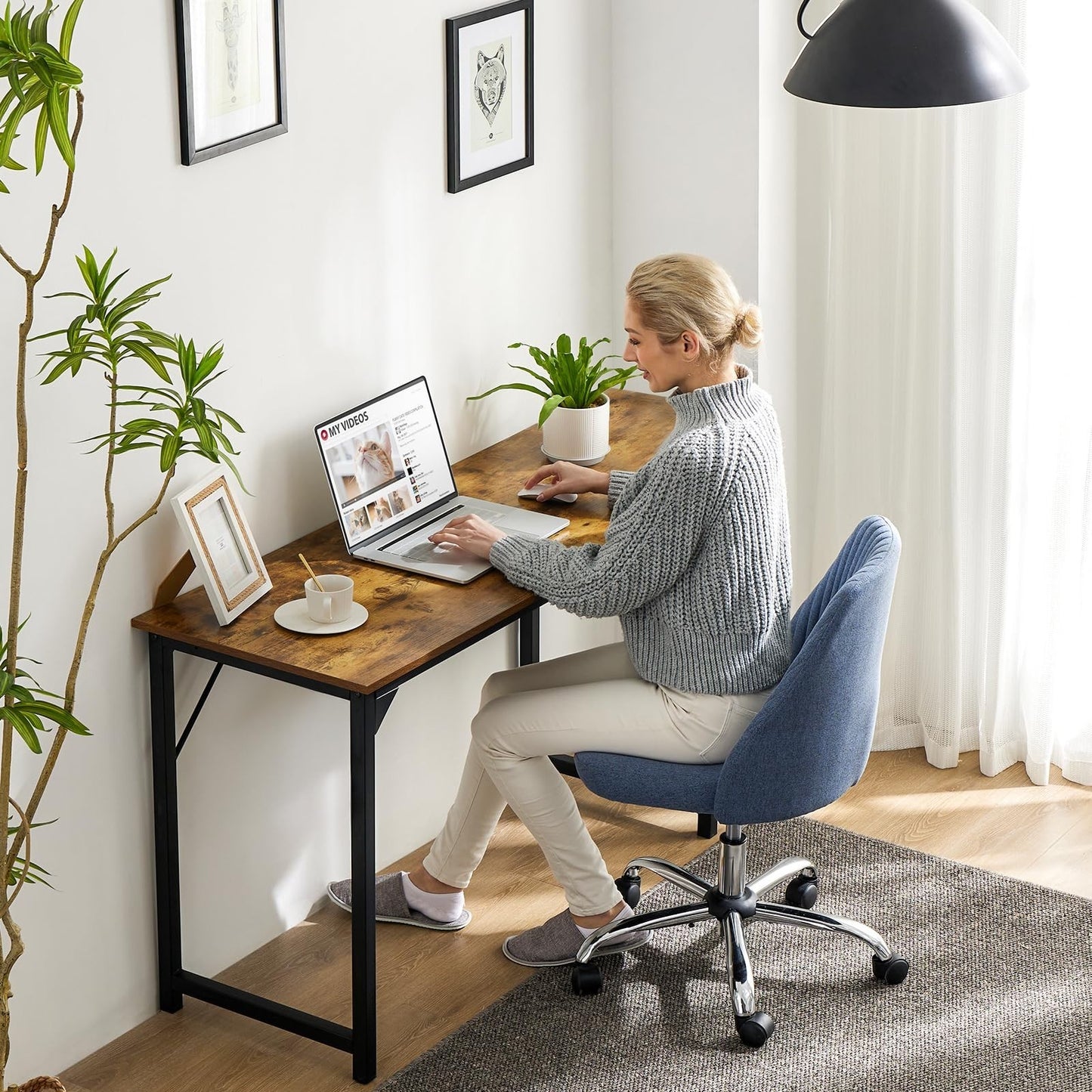 47 Inch Modern Small Office Desk - Rustic Brown Writing Table with Metal Frame2