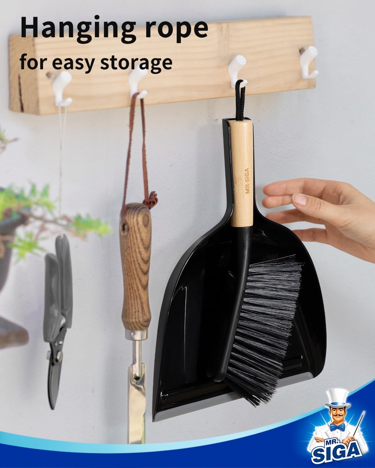 Dustpan and Brush Set - Bamboo Handle, Handheld Combo with Hanging Loop, Small B5