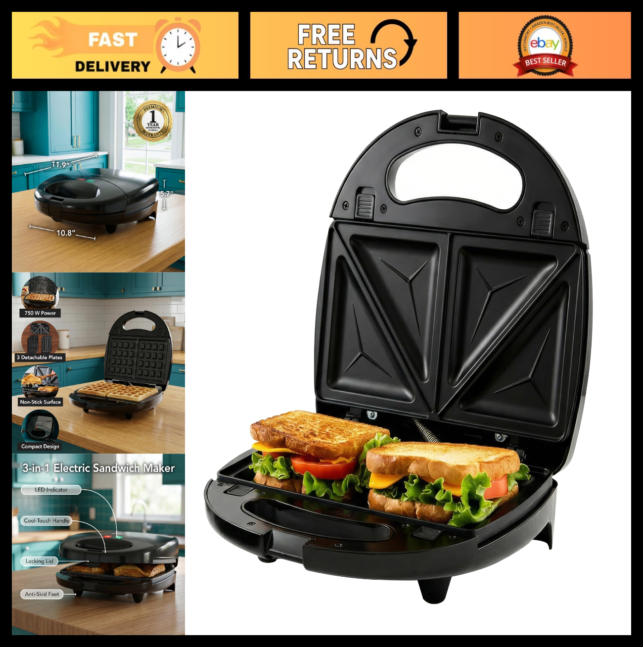 Electric Sandwich & Waffle Maker Set - 3 Non-Stick Plates, 750W, Versatile Grill0