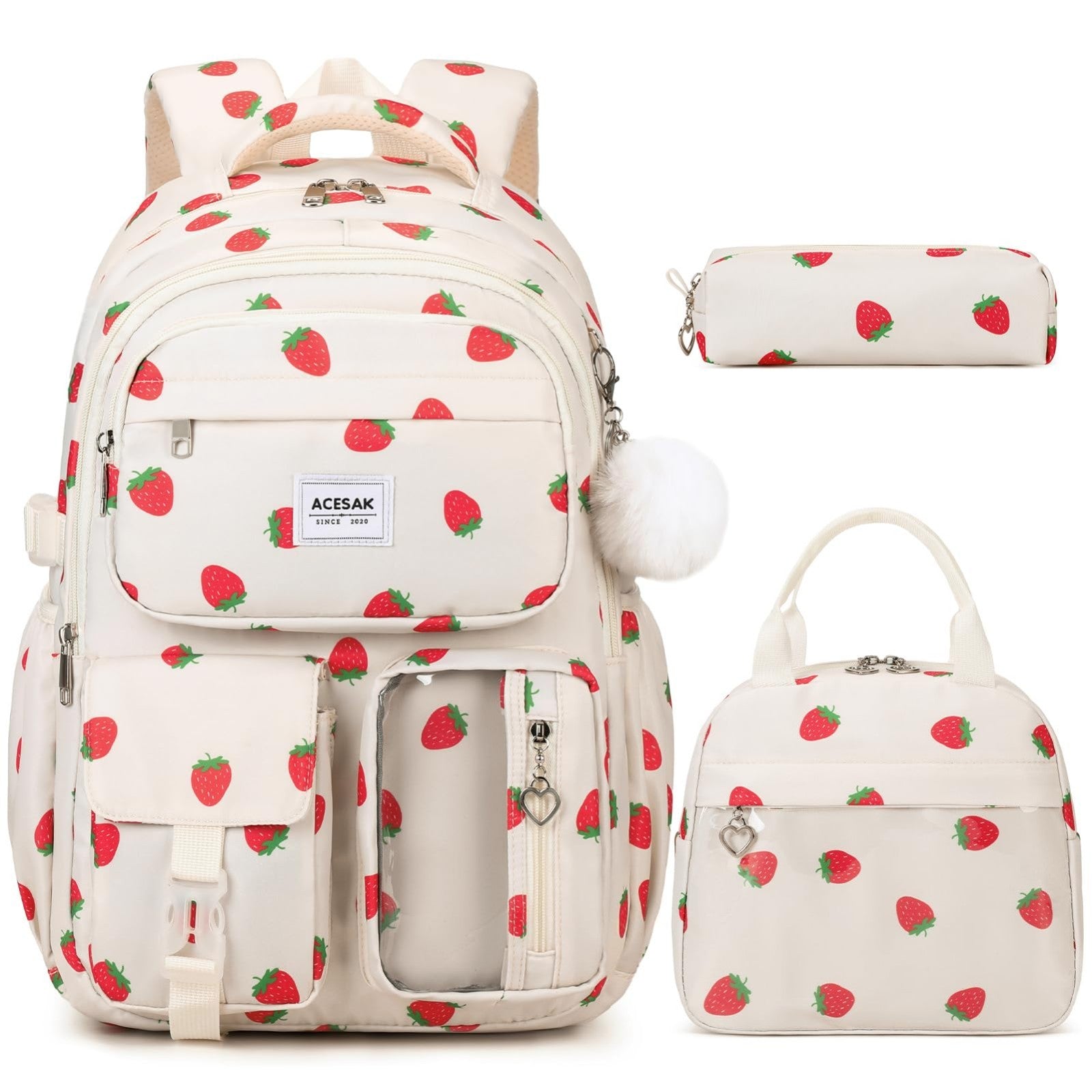 Stylish Girls Backpack with Lunch Bag & Pencil Pouch   Teen Laptop Bookbag, Beig1
