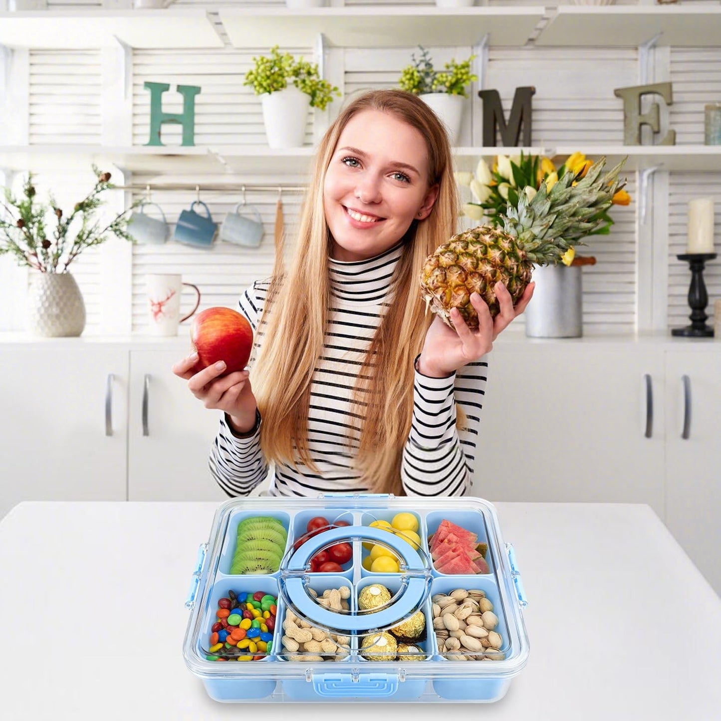 **Custom Title:** Portable Divided Snack Tray with Lid & Handle, 8 Compartment S1