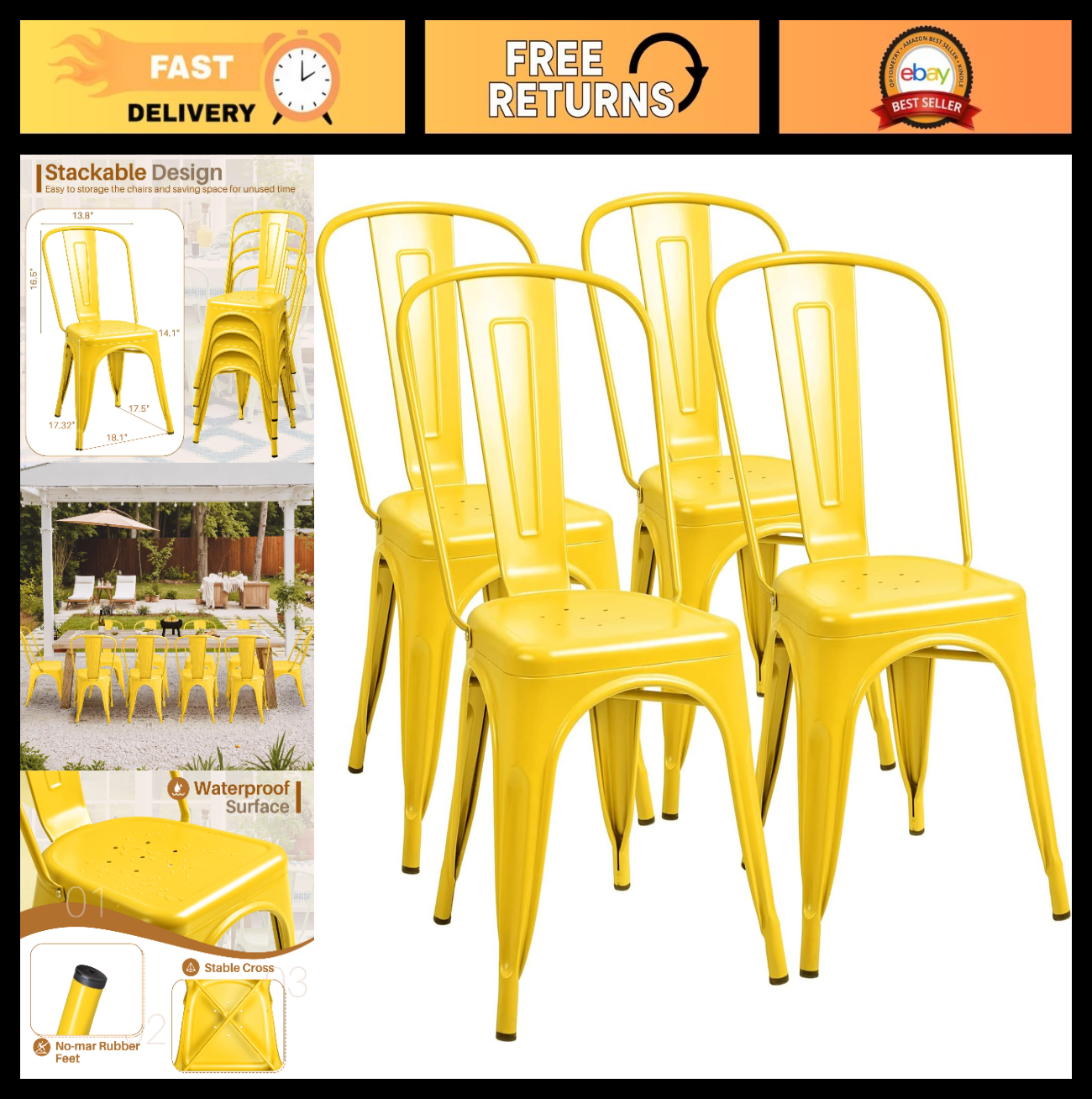 Stackable Metal Dining Chairs Set of 4   Chic Bistro Cafe Side Chairs   Yellow I0