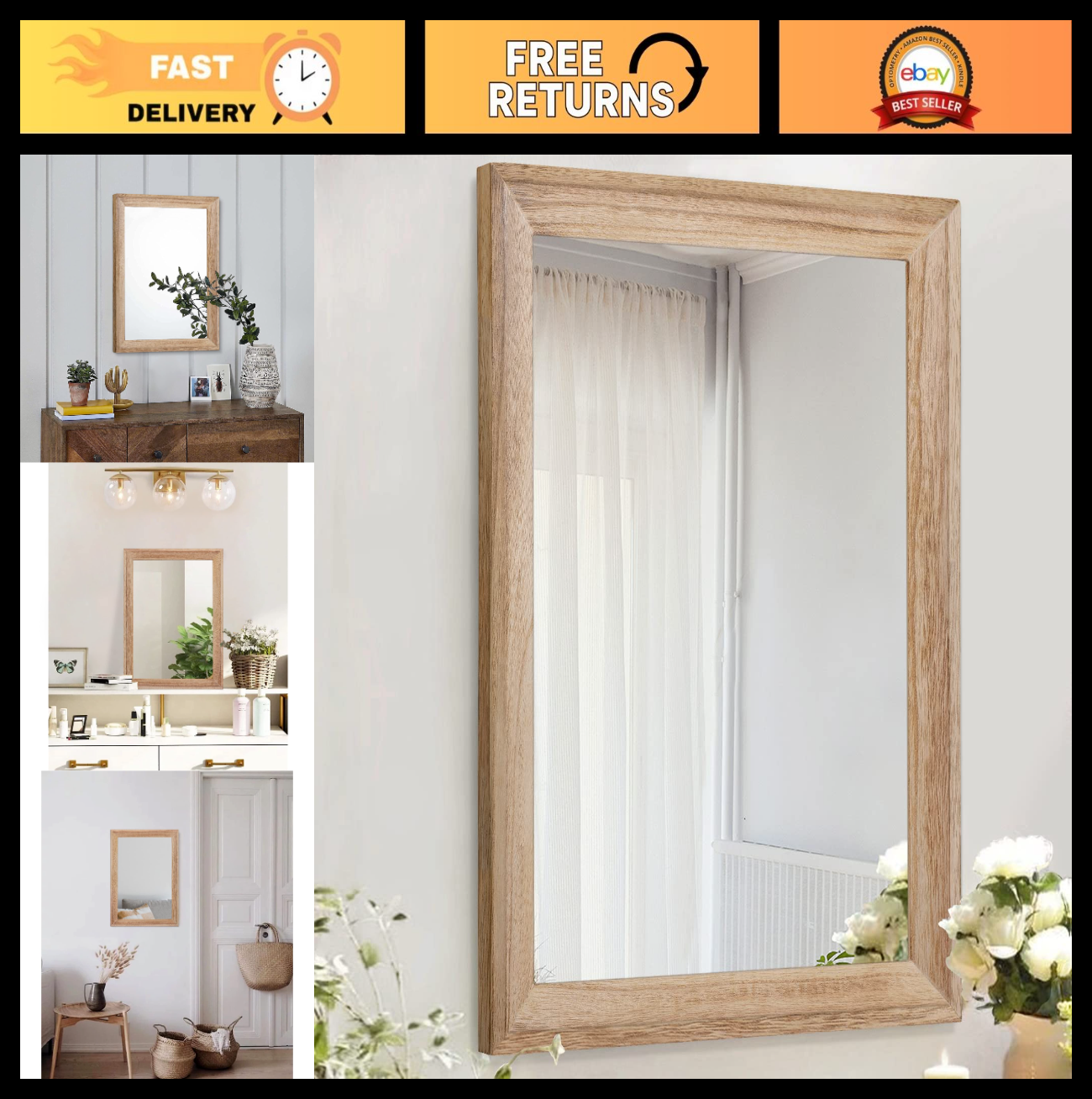 Rustic Wall Mirror - Rectangle Wooden Frame Hanging Decor for Bedroom, Bathroom,0