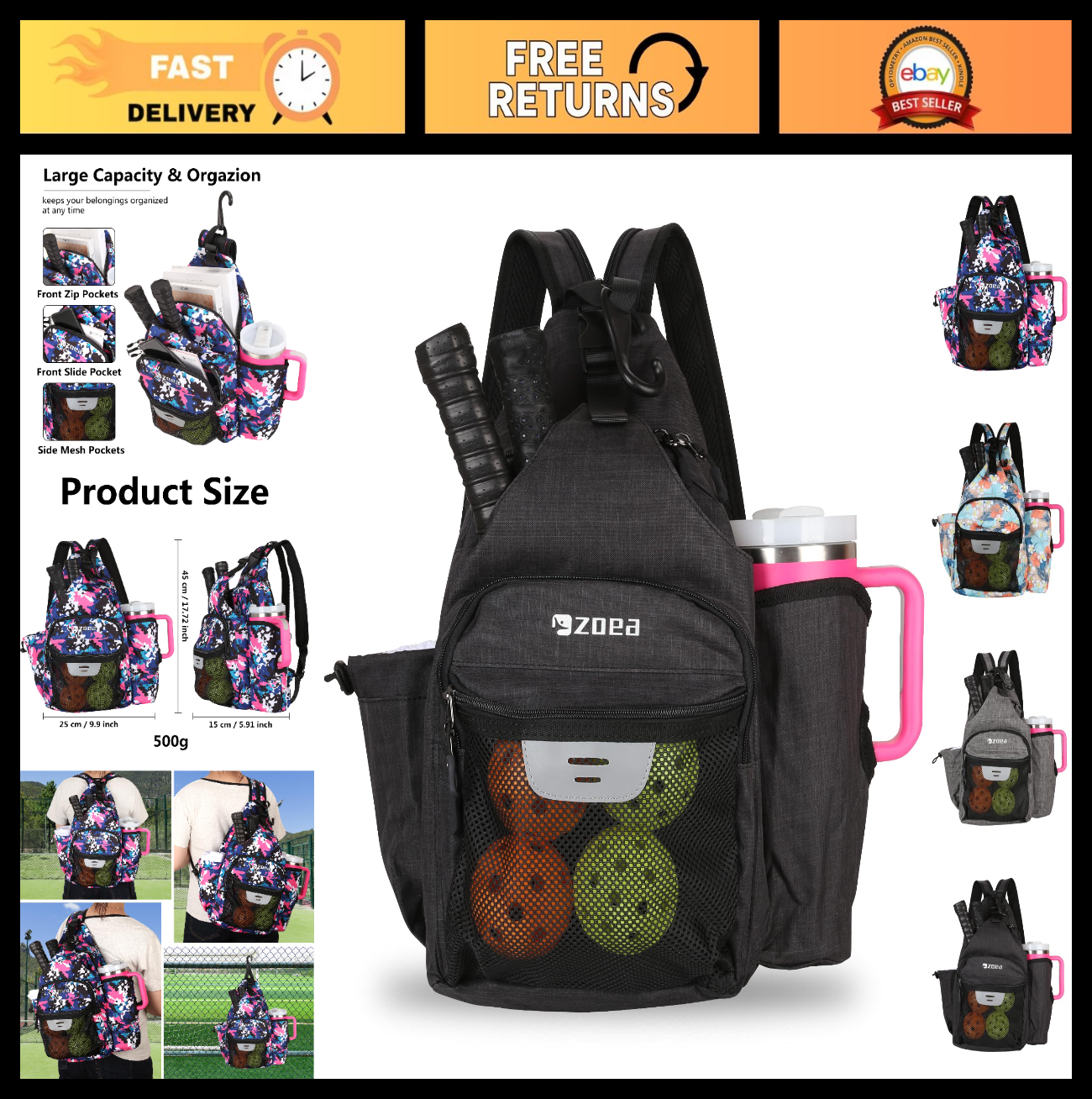Waterproof Pickleball Backpack with 7 Pockets, Holds 4 Paddles & 40oz Tumbler0