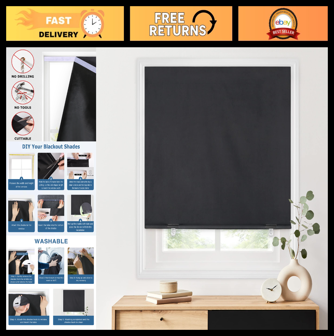 100% Blackout Roller Shades 48"x72", No Drill Cordless Blinds, Thermal Insulated0