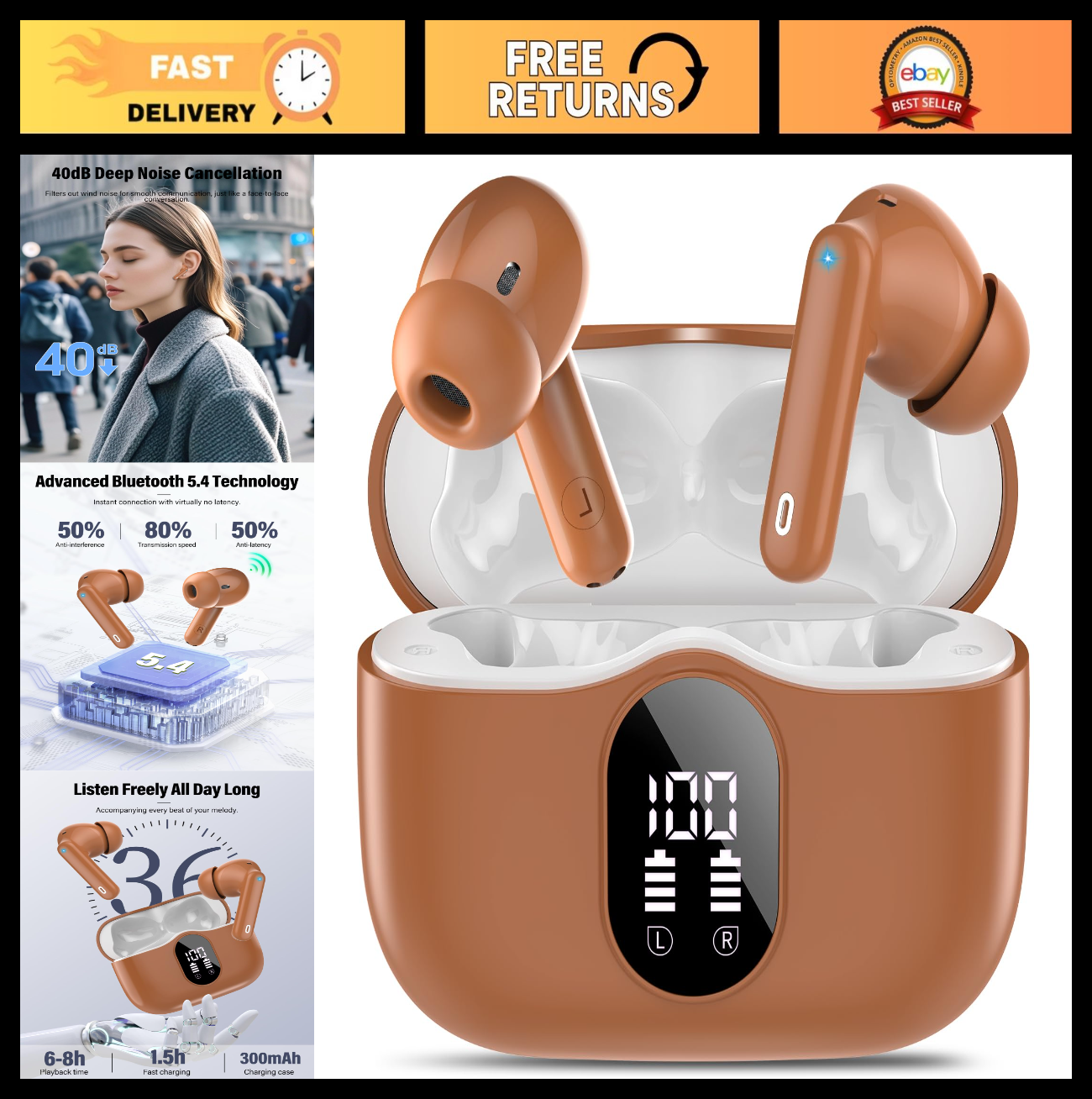 Wireless Earbuds Bluetooth 5.4, Noise Cancelling, 36H Playtime, IP7 Waterproof,0