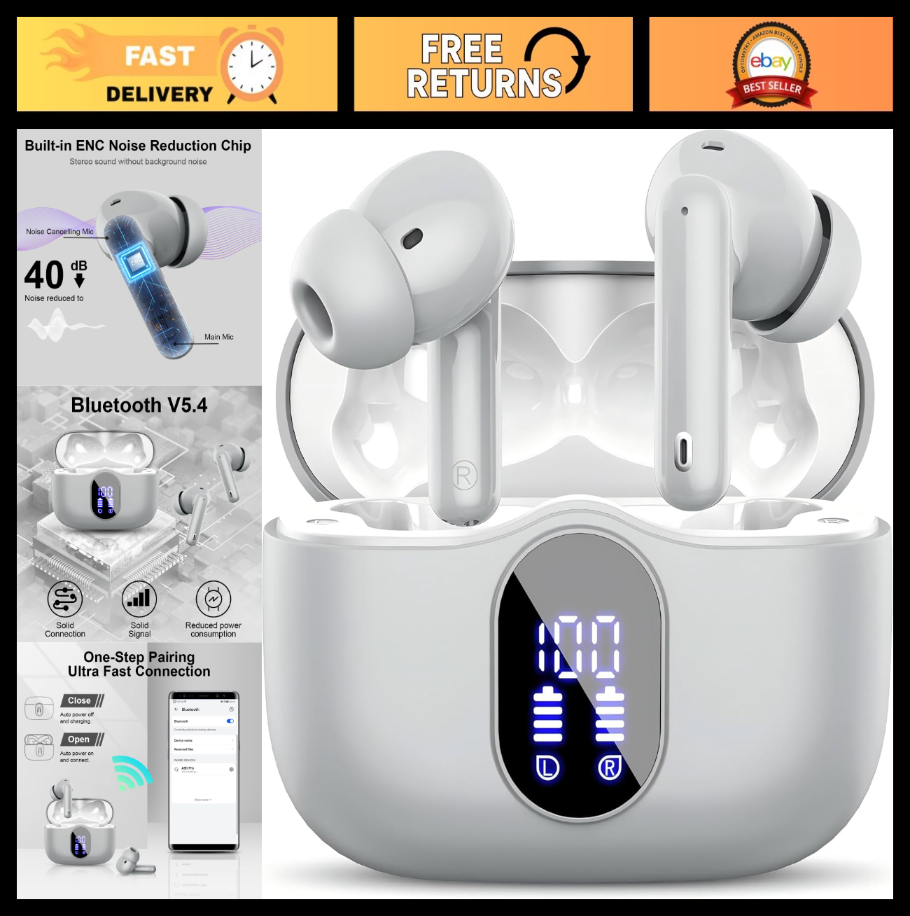 Wireless Bluetooth 5.4 Earbuds, Noise Cancelling, 36H Playtime, IP7 Waterproof,0