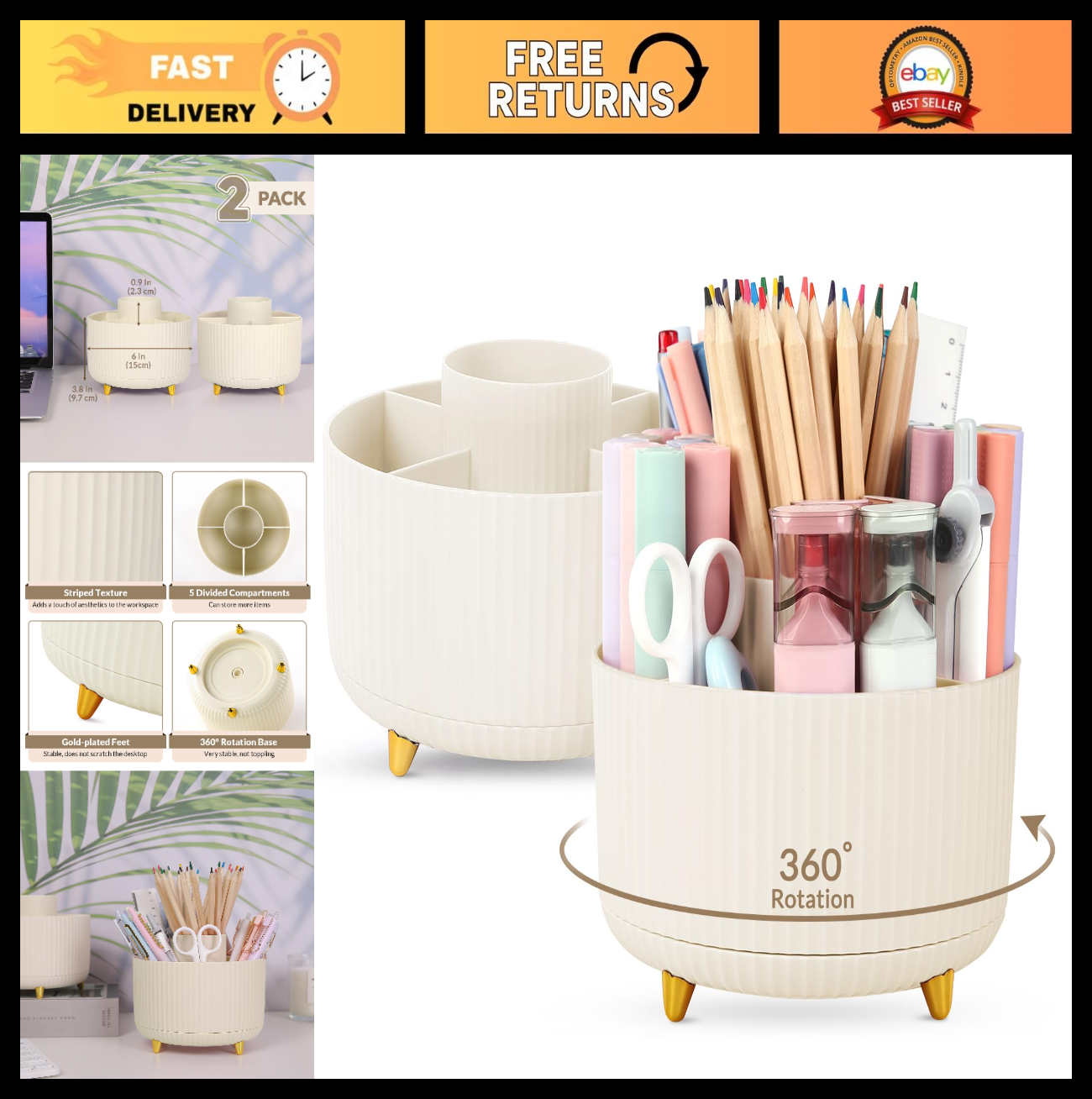 2 Pack 360° Rotating Pen Holder, Desk Organizer with 5 Slots, Office & School Su0