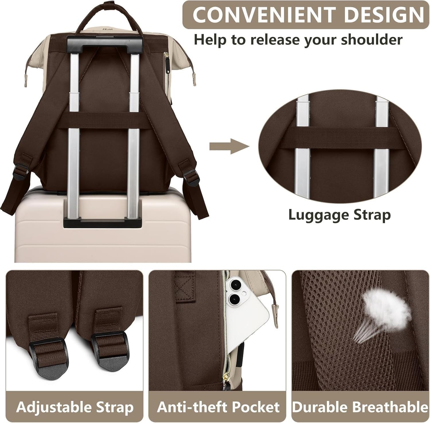 15.6" Laptop Backpack for Women, USB Charging, Large Travel Work Bag, Casual Day4