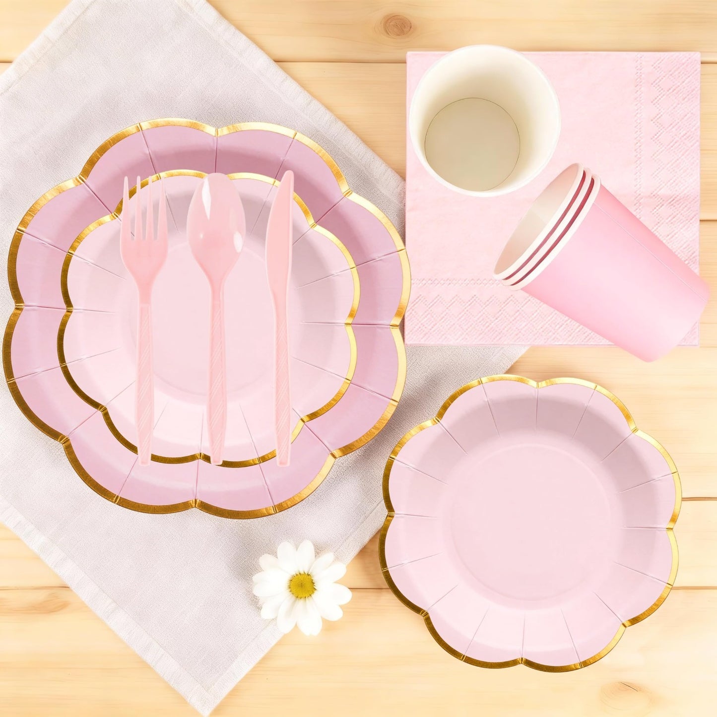 350 Pcs Pink Scalloped Paper Plates & Napkins Set for 50 Guests | Gold Rim Dispo6