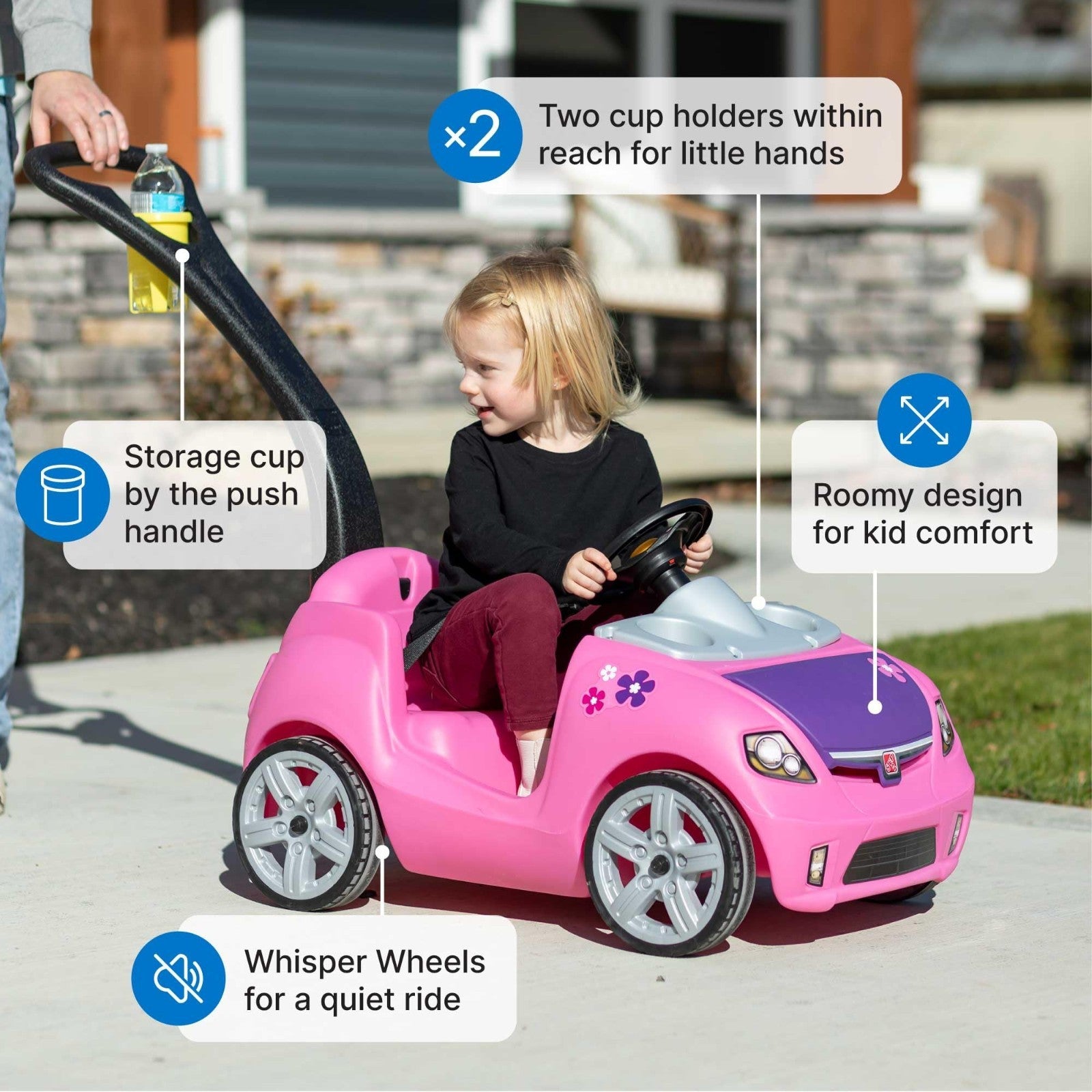 Kids Push Car Ride-On with Seat Belt & Horn, Toddler Stroller Substitute, Pink,3