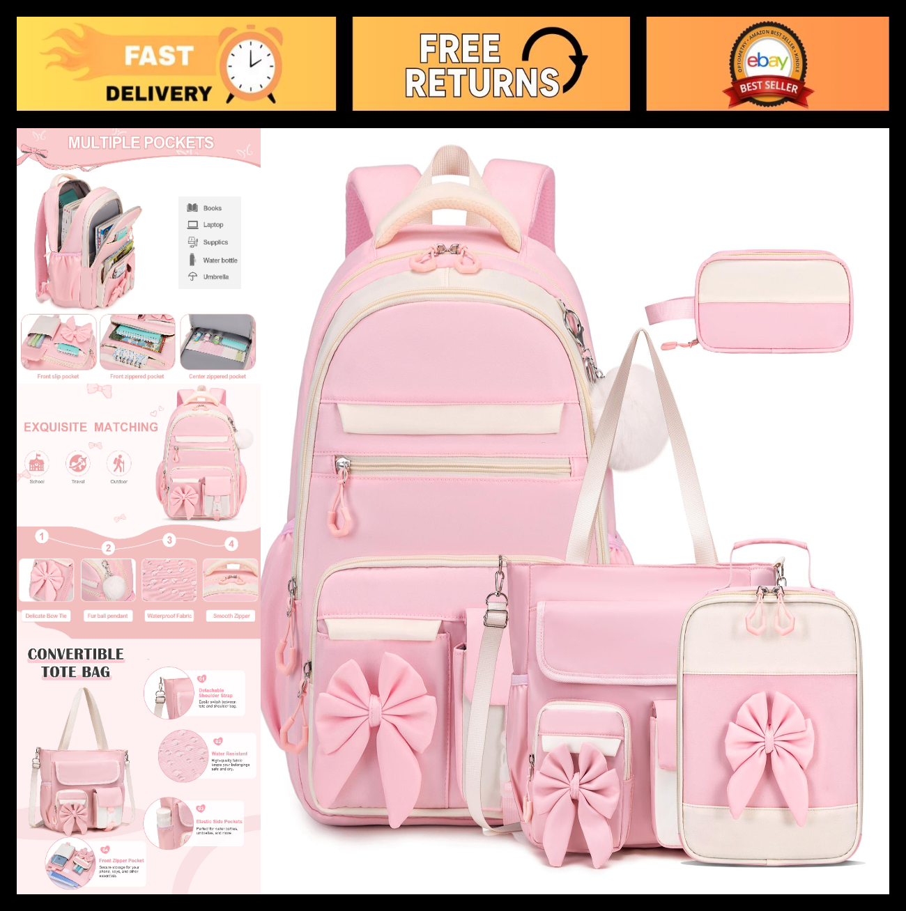 4PCS Girls Backpack Set   Includes Tote Bag, Lunch Bag & Pencil Case, School Sup0