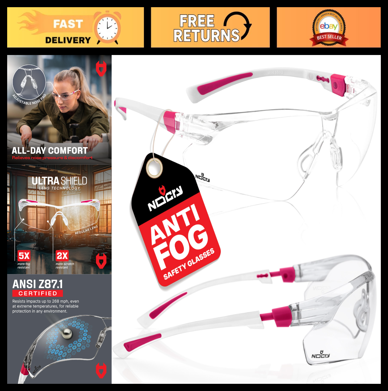 Safety Glasses 10 Pack   Clear Anti Fog, Scratch Resistant, UV Protection, Adjus0