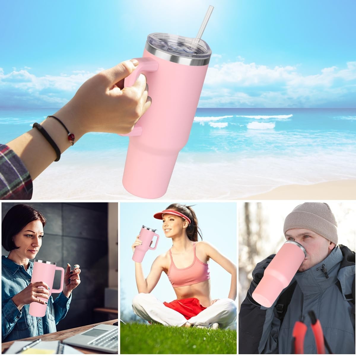 40 oz Insulated Tumbler with Handle & Straw   Leak Proof, Travel Mug, Hot/Cold C4