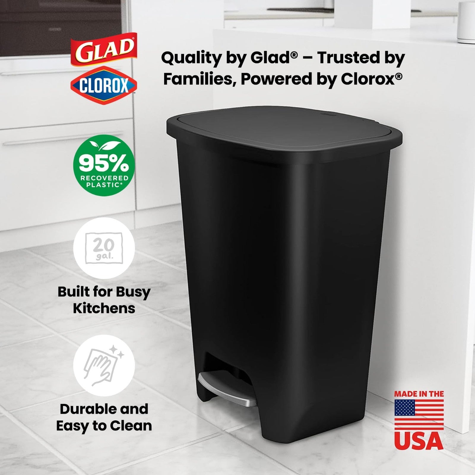 20 Gal Kitchen Trash Can with Clorox Odor Control | Hands-Free Step-On Bin, Blac5