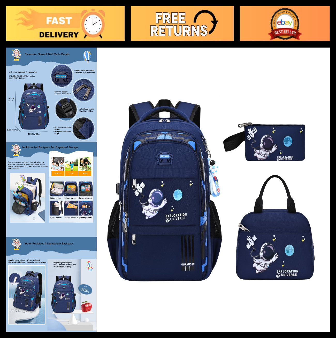 3pcs Boys Backpack Set with Lunch Box   Lightweight Astronaut School Bags for Ki0