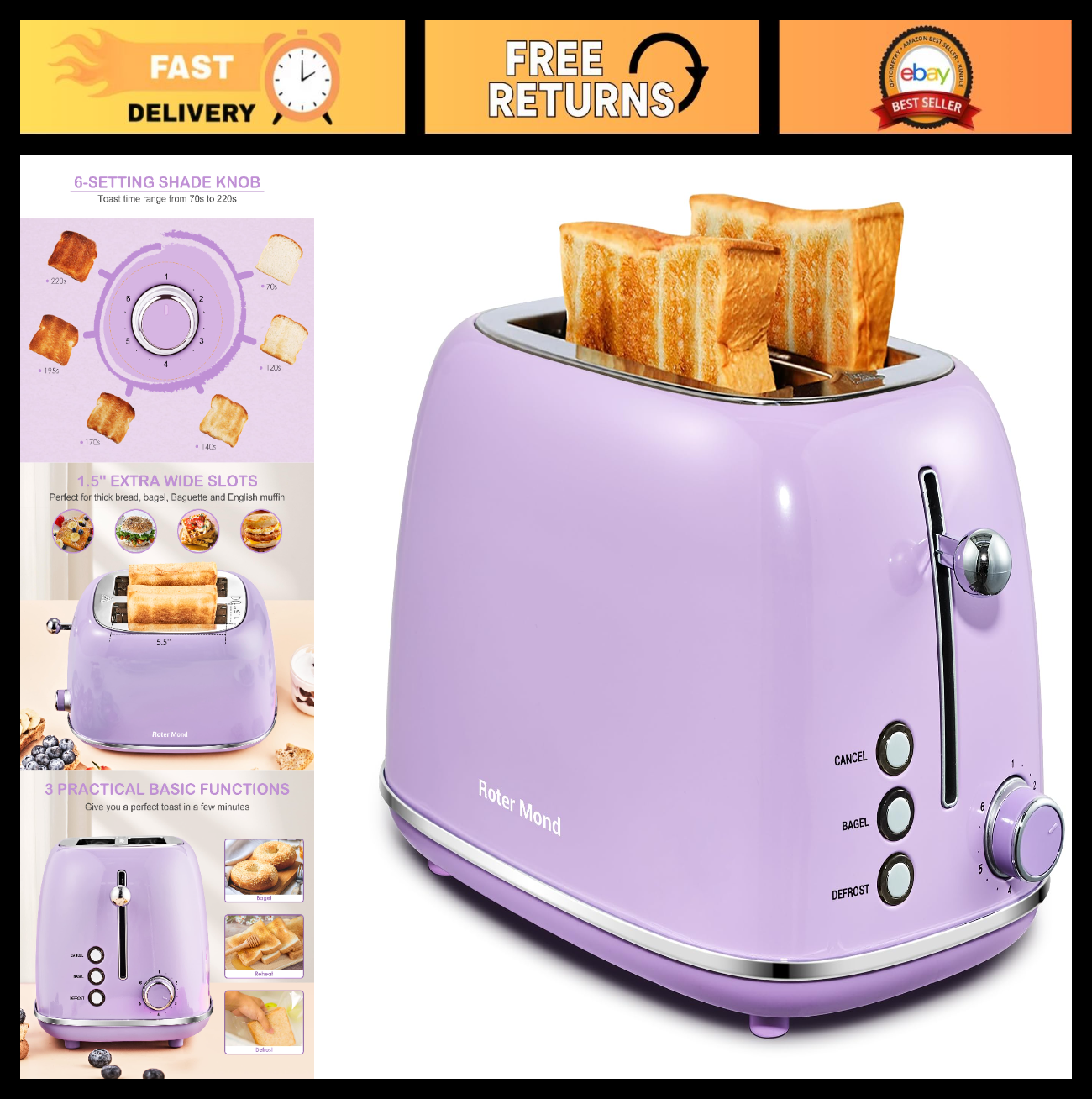 Retro Stainless Steel 2 Slice Toaster with Bagel, Cancel, Defrost, 6 Shade Setti0