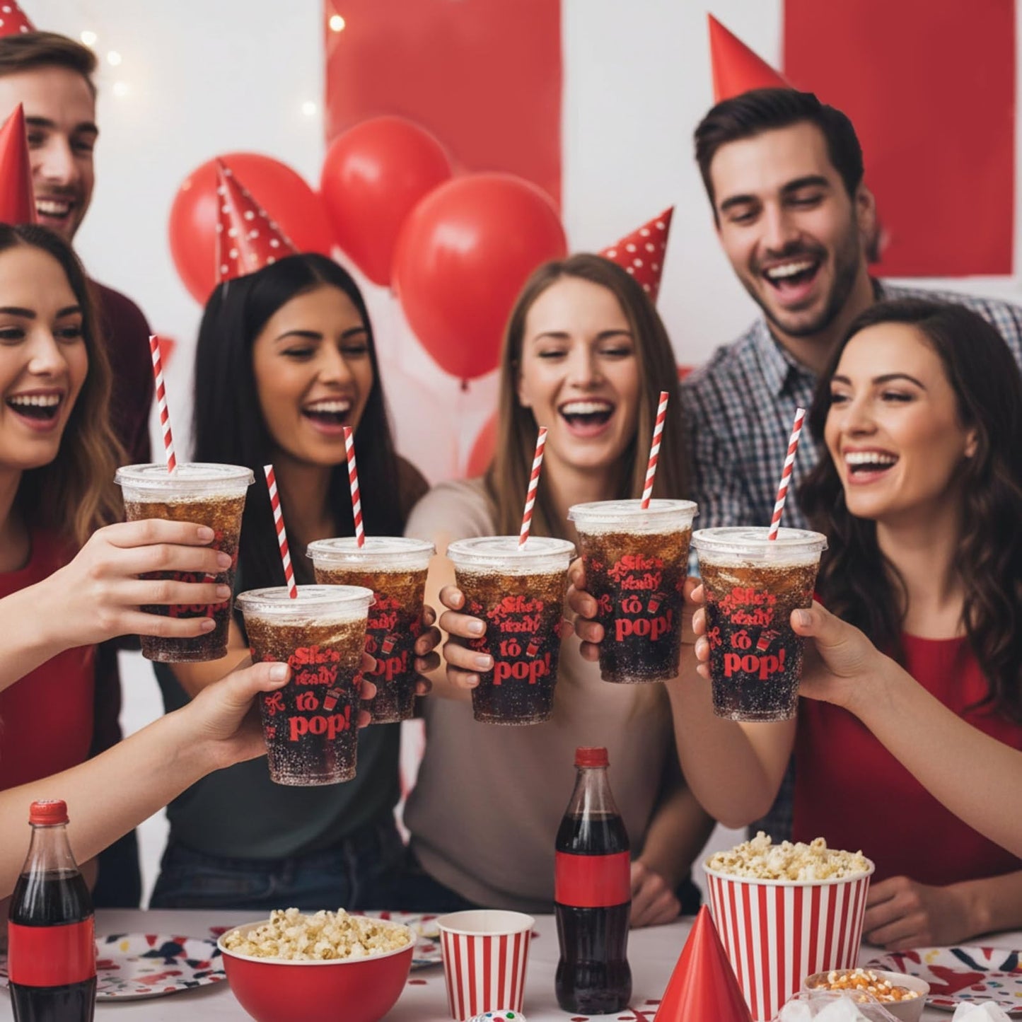 50 Set Disposable Cups with Lids & Straws - 12 oz Red Plastic for Parties, Baby3