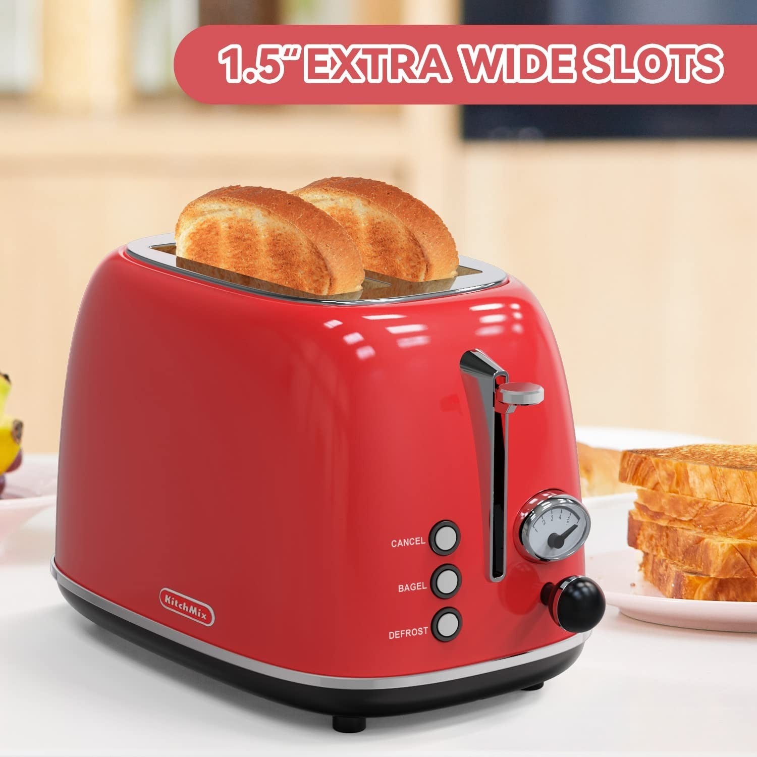Retro Stainless Steel 2 Slice Toaster, 6 Settings, Extra Wide Slots, Bagel/Defro2
