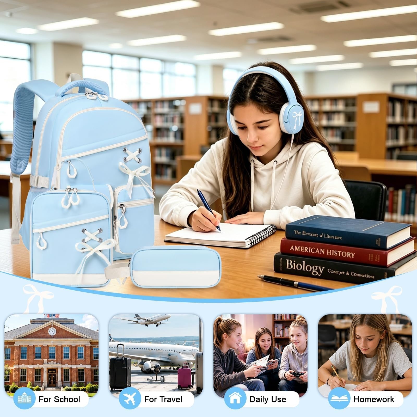 Stylish Girls School Backpack with Wired Headphones, Perfect for Teens & Kids4