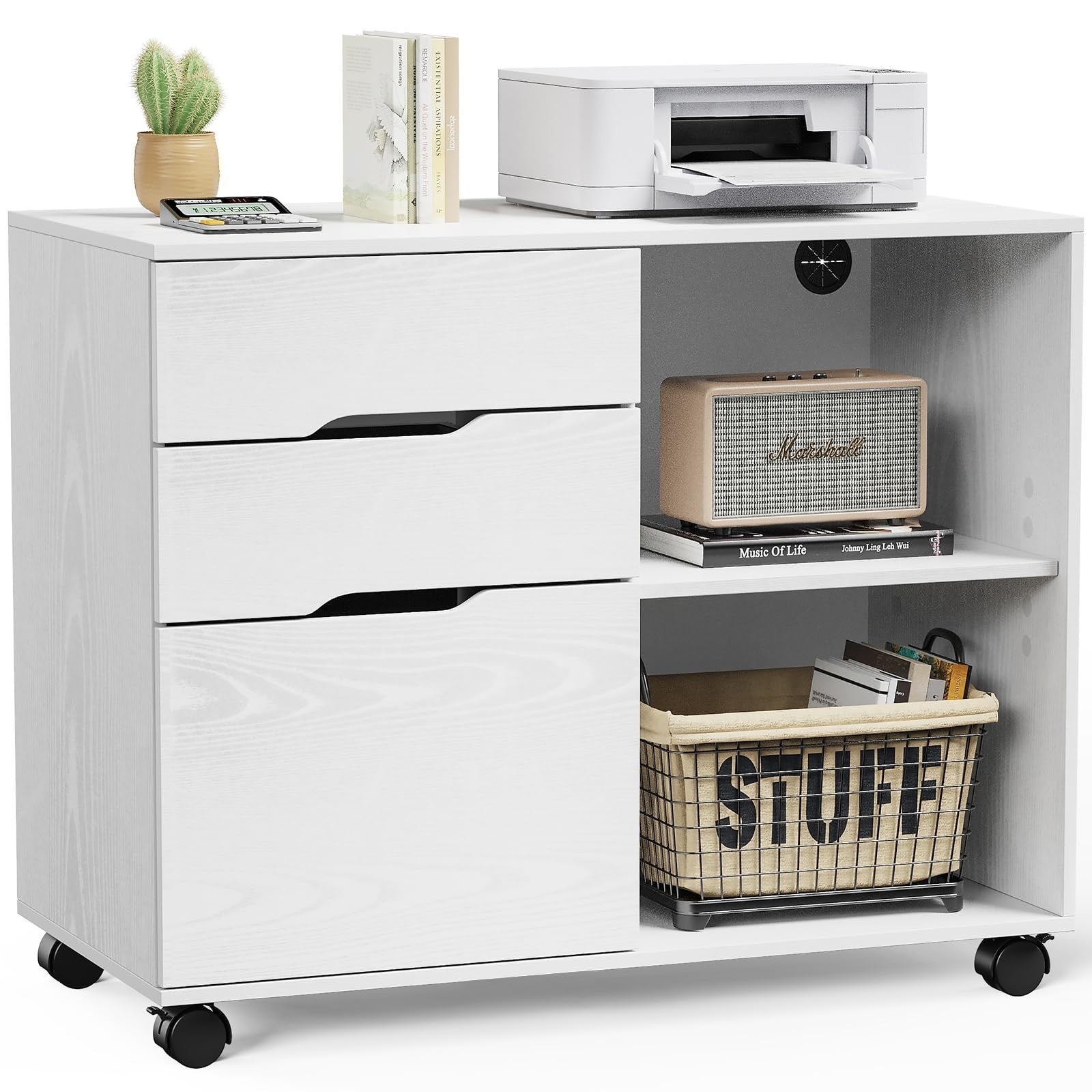 Wood File Cabinet with 3 Drawers, Rolling Printer Stand, Under Desk Storage Orga1