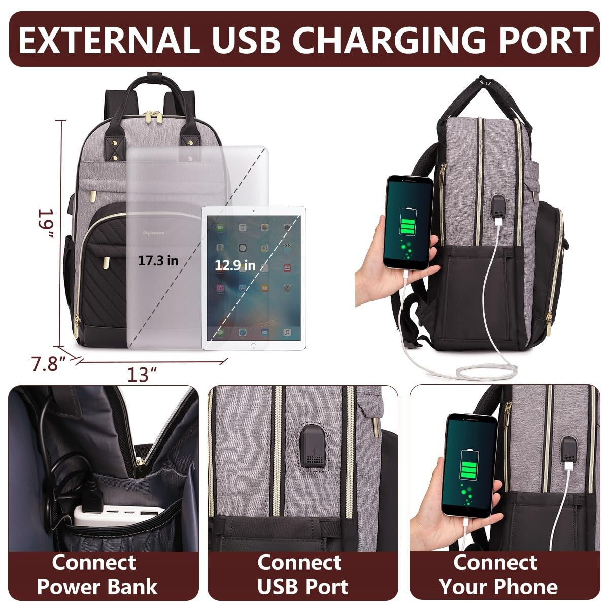 Stylish Laptop Backpack for Women   17.3" USB Charging College Work Bag, Travel3
