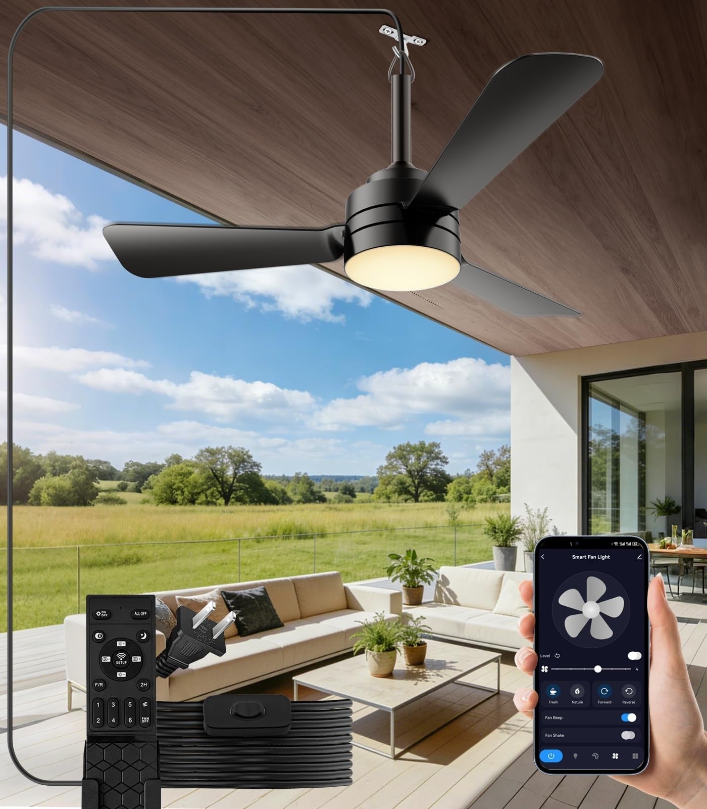 28" Dimmable Ceiling Fan Light with 16.5ft Cord, Reversible Portable Hook for Pa0