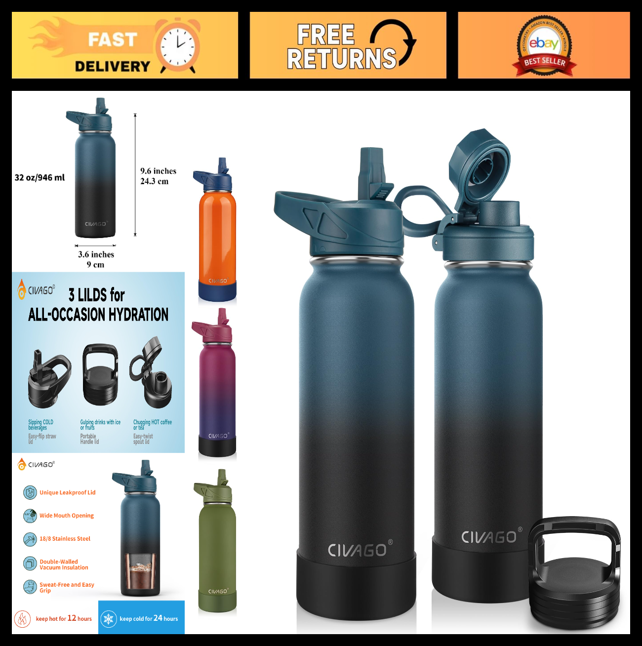 32 oz Insulated Water Bottle with Straw, Stainless Steel Flask, 3 Lids, Travel M0