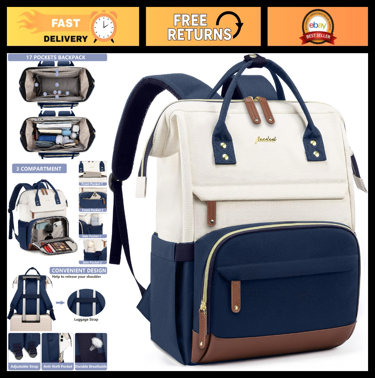 Stylish 17.3" Laptop Backpack for Women   Travel Bag with USB Port, Anti Theft,0