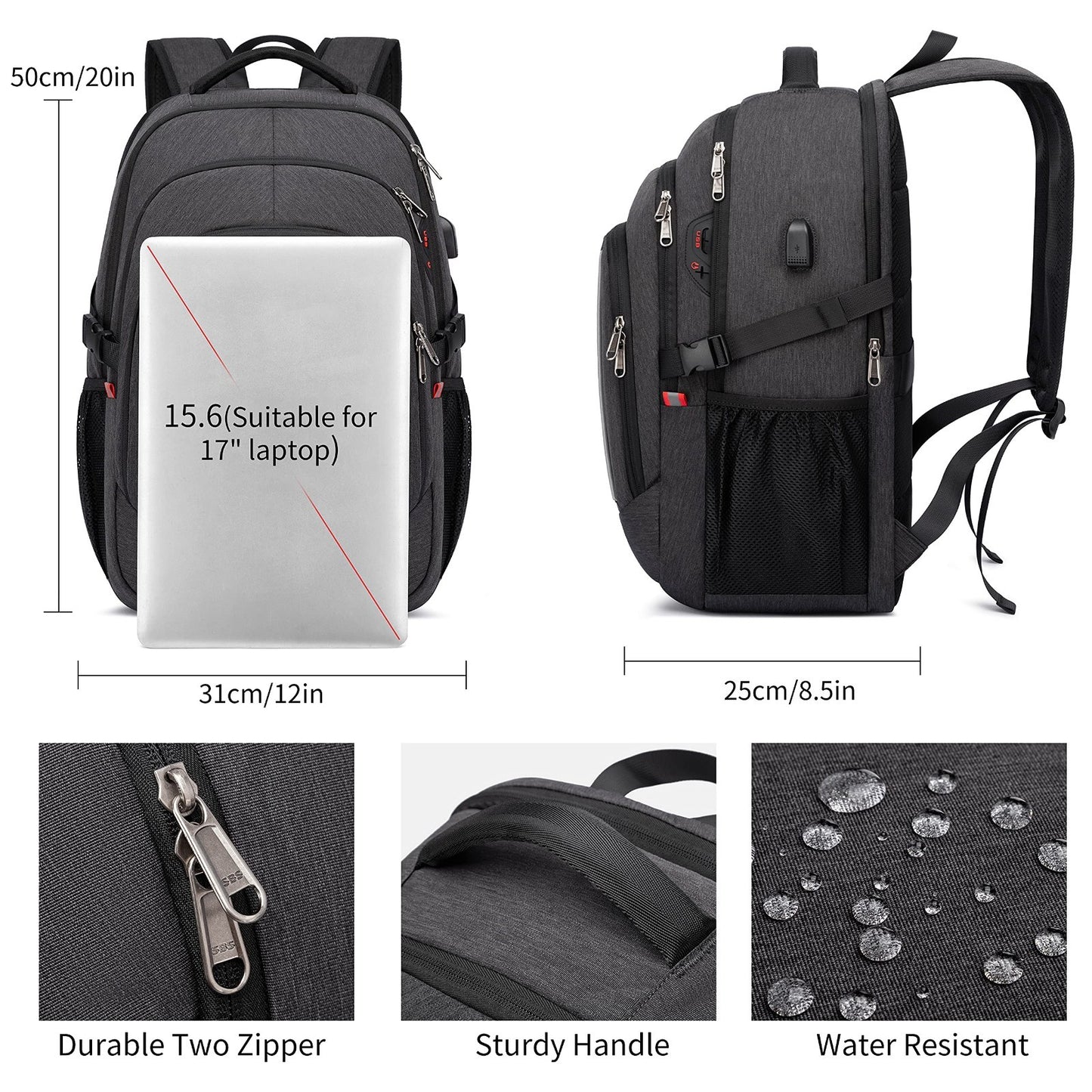 Durable 17.3" Travel Laptop Backpack, RFID Anti Theft, Water Resistant, Grey1