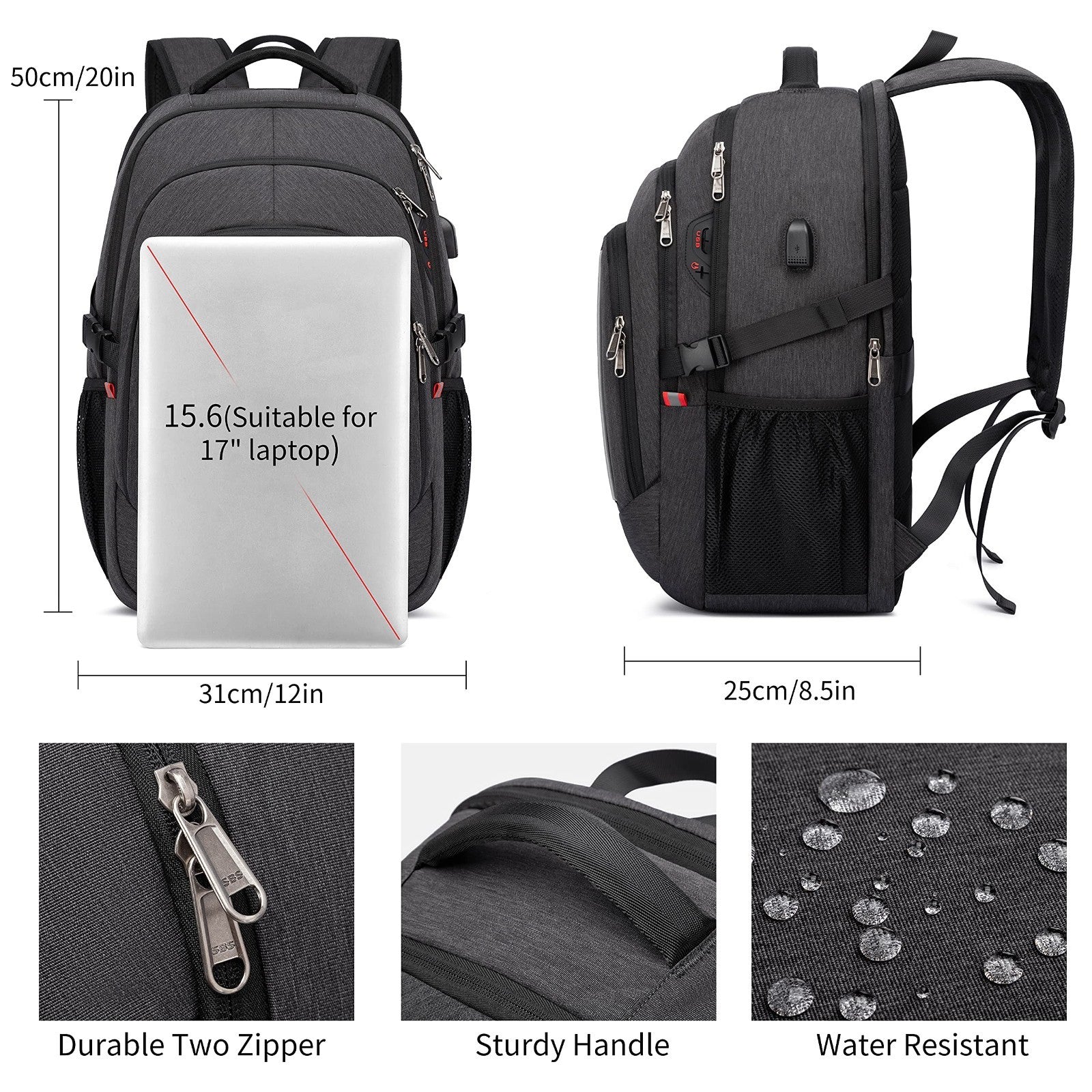Durable 17.3" Travel Laptop Backpack, RFID Anti Theft, Water Resistant, Grey1