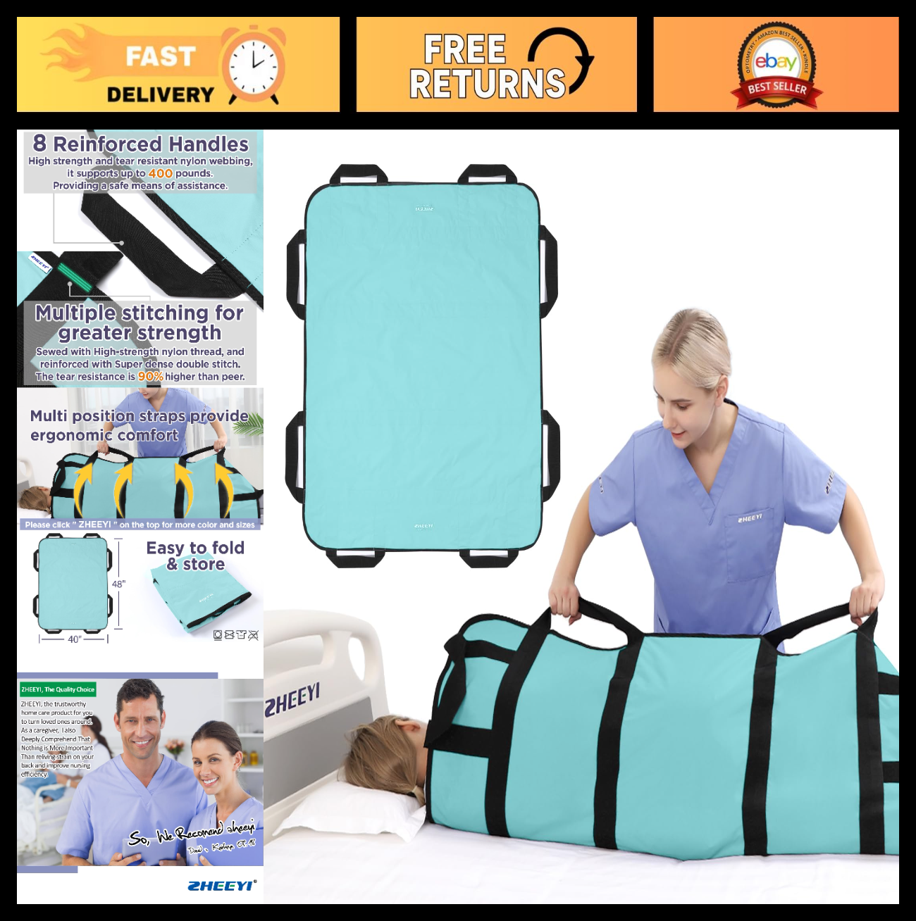 Multipurpose 48"x40" Bed Pad   Reusable Washable Transfer Sheet with Handles, Aq0
