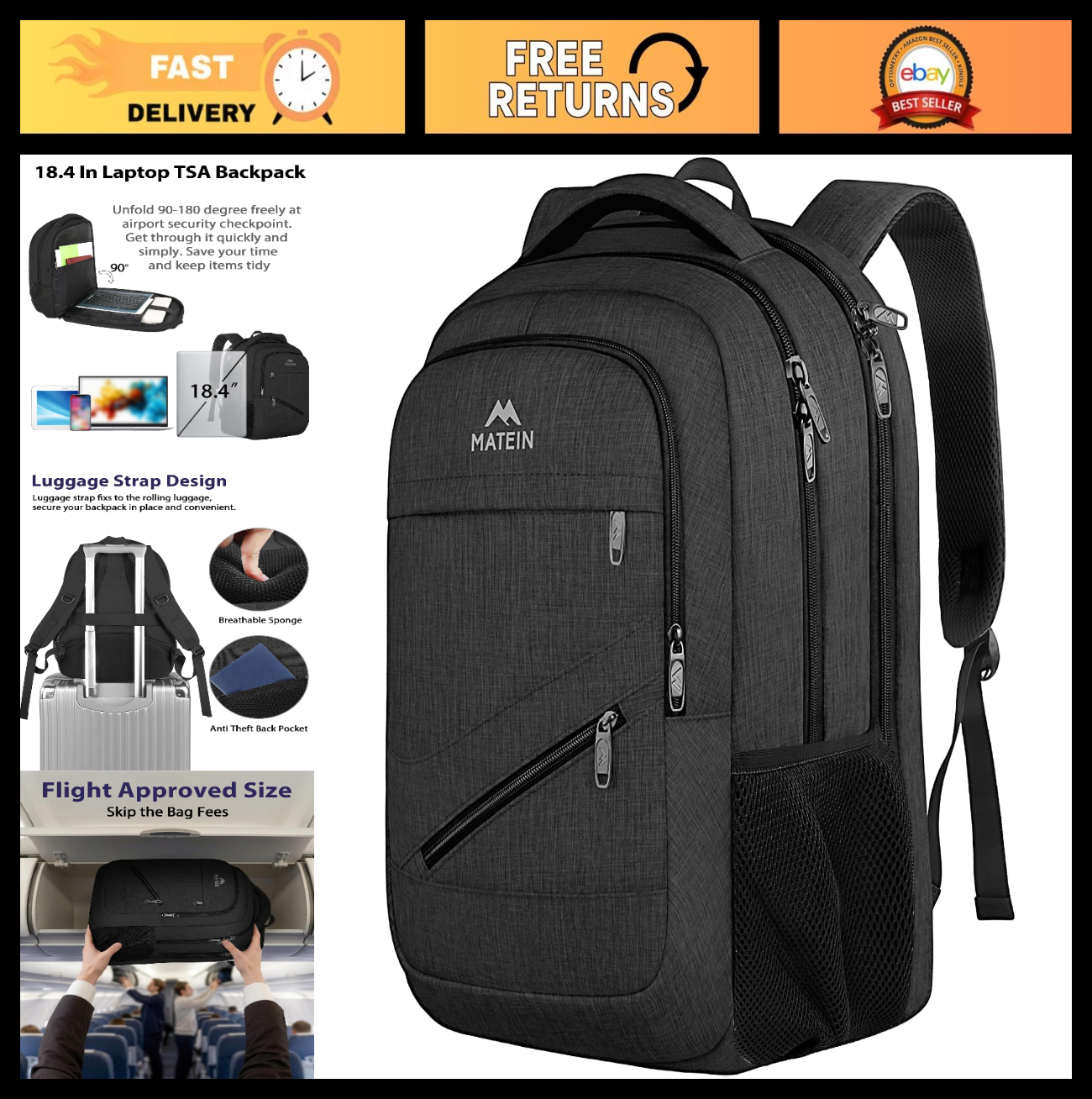 Extra Large 18" Laptop Backpack, 50L Travel Bag, Durable Carry On Rucksack0