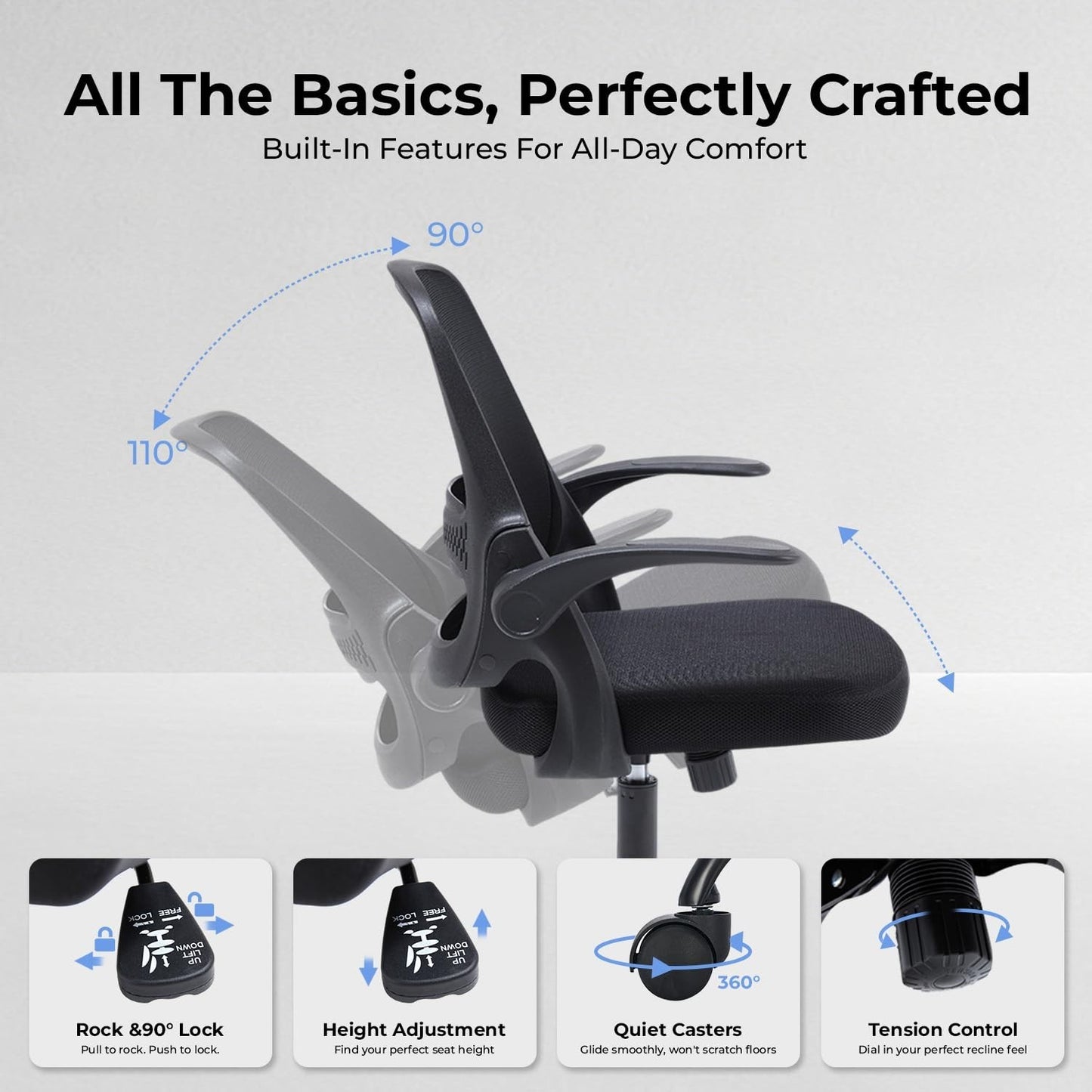 Ergonomic Mesh Office Chair with Flip Up Arms, Breathable Back, 300 lbs Support,3