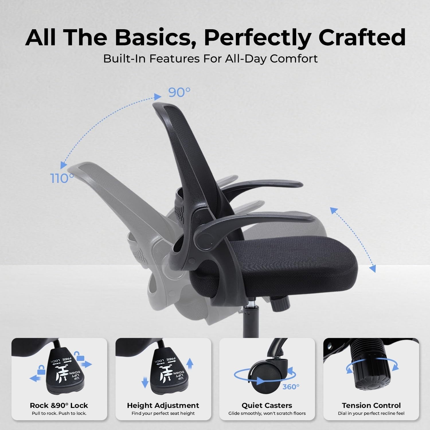 Ergonomic Mesh Office Chair with Flip Up Arms, Breathable Back, 300 lbs Support,3